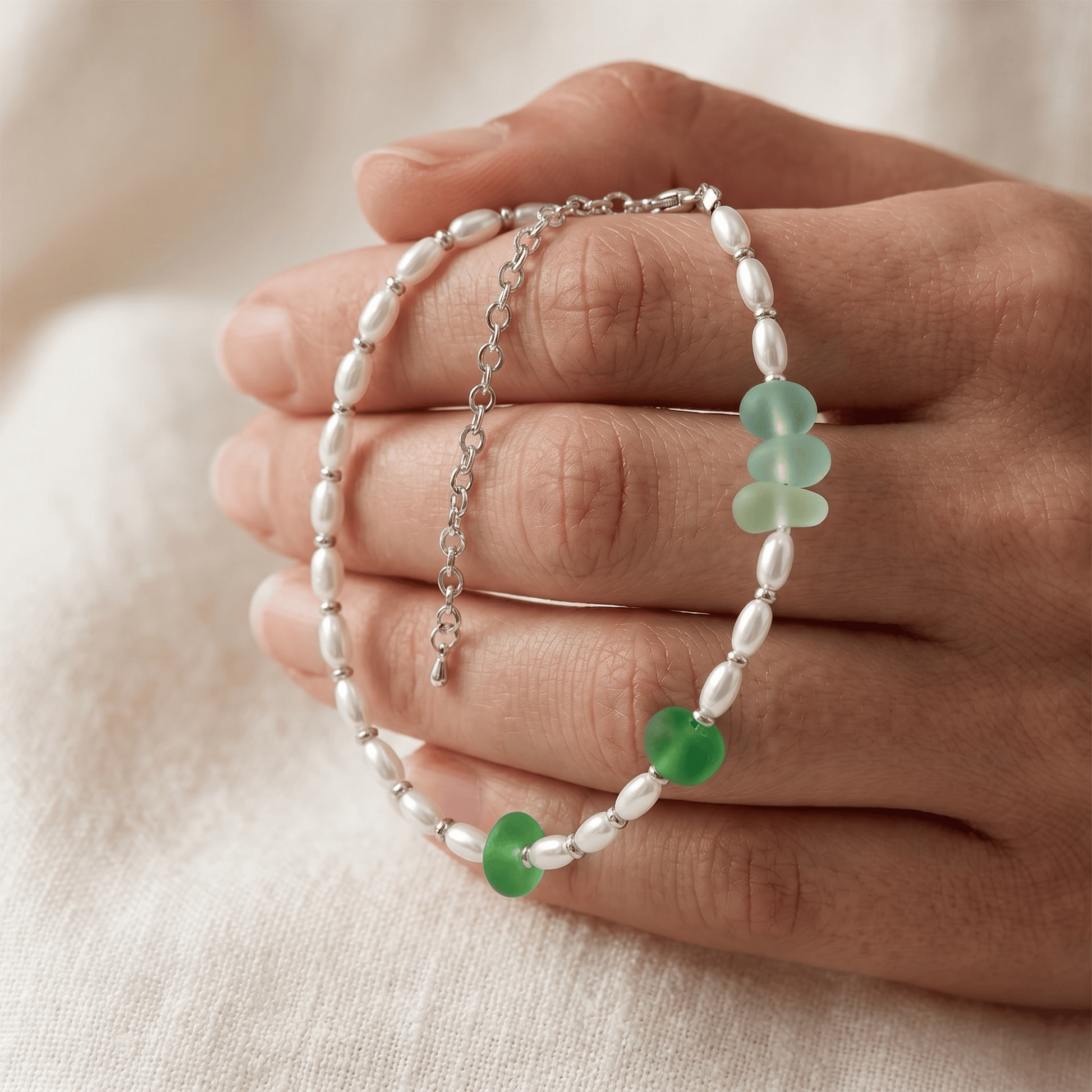 Rare Green Sea Glass & Freshwater Pearl Bracelet - image 5