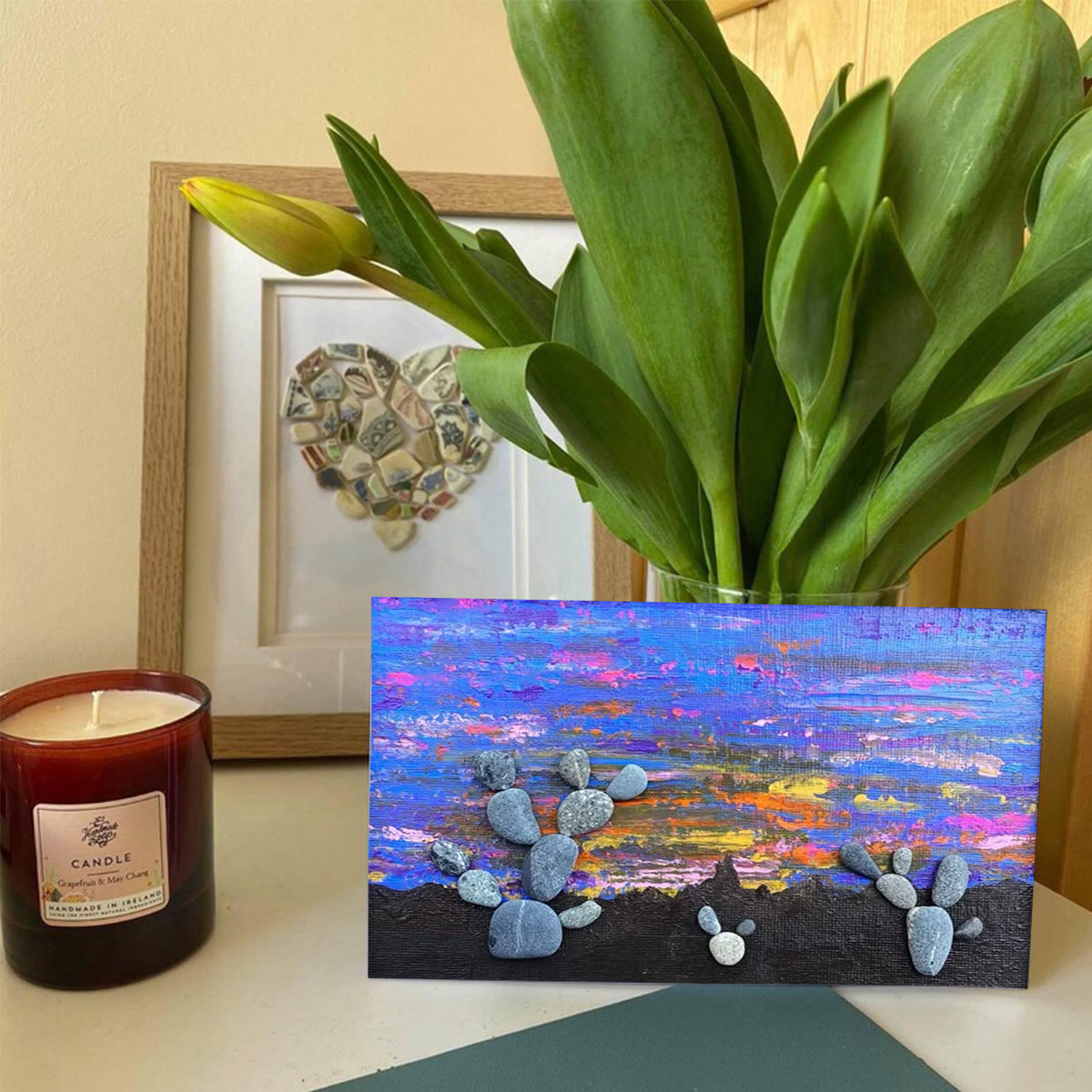 Southwest Desert Sunset Cactus Pebble Framed Art - Seaglass Card - 6" X 8" - image 1