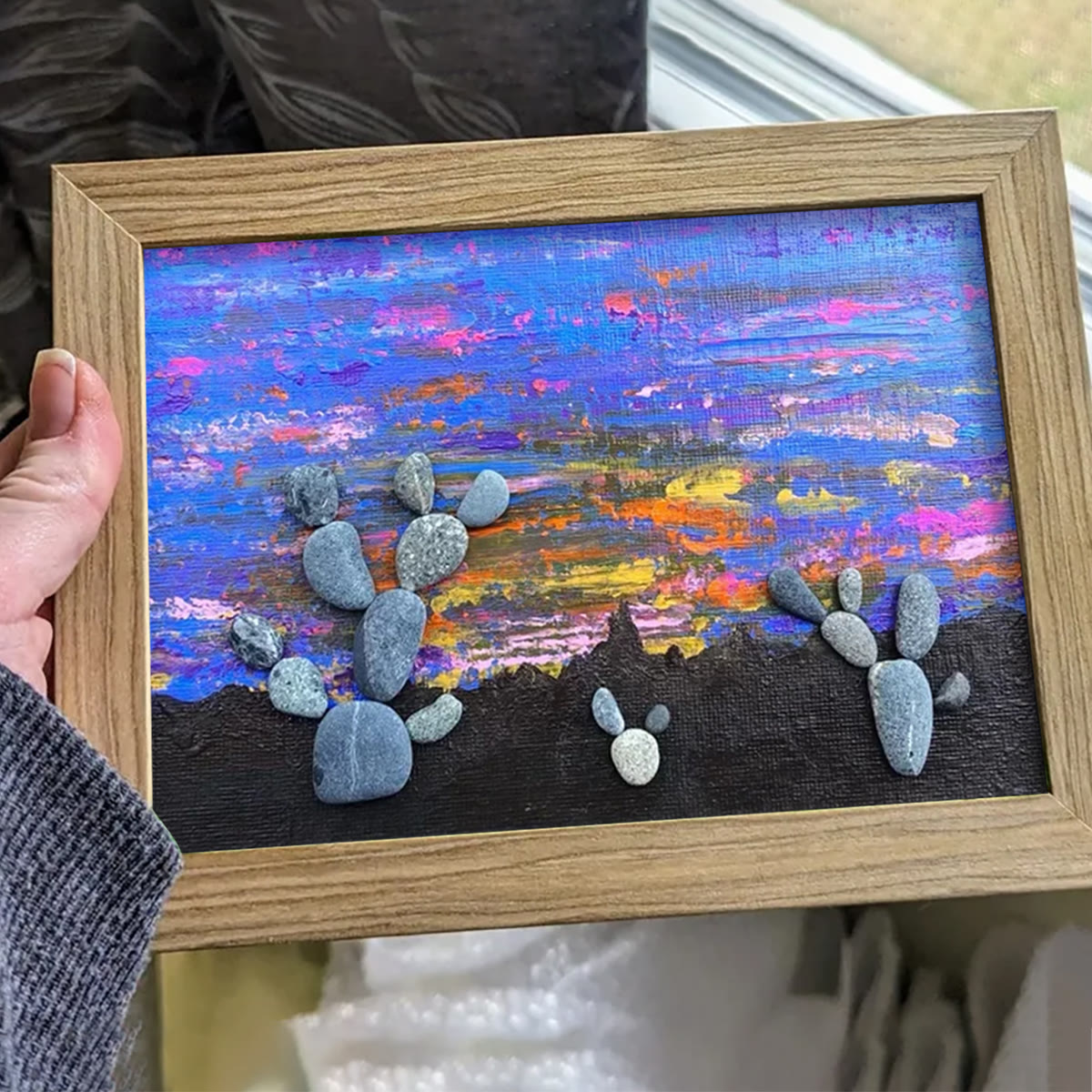 Southwest Desert Sunset Cactus Pebble Framed Art - image 4