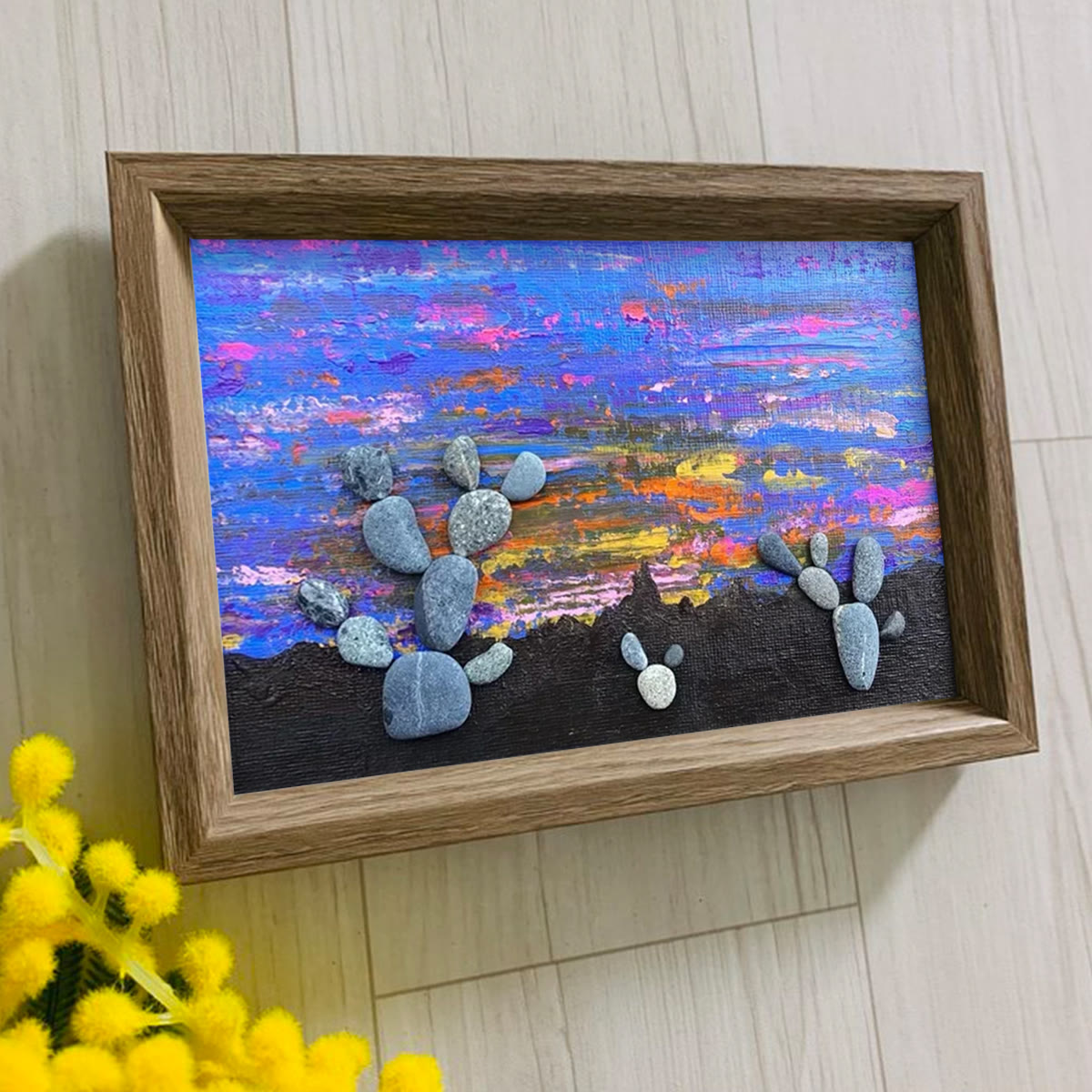 Southwest Desert Sunset Cactus Pebble Framed Art - image 2