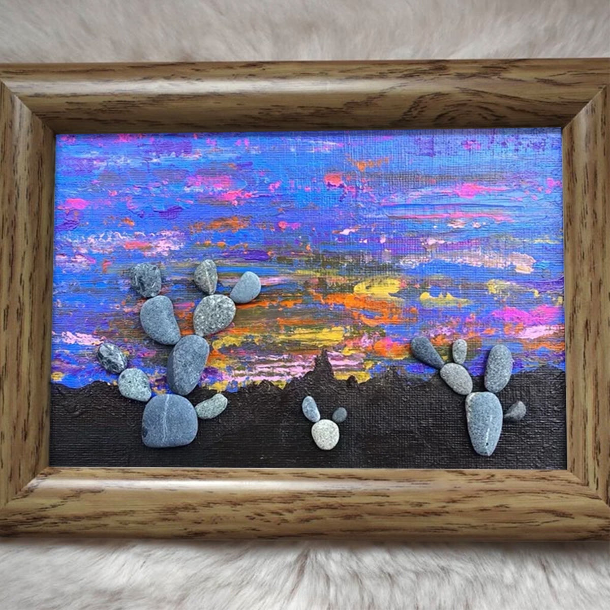 Southwest Desert Sunset Cactus Pebble Framed Art - image 5