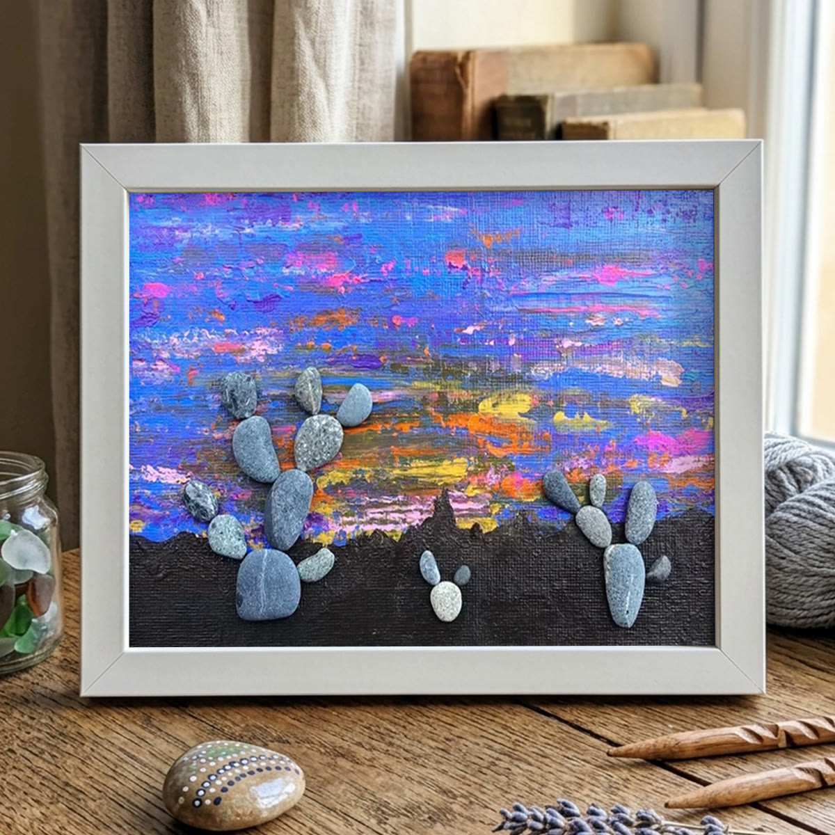 Southwest Desert Sunset Cactus Pebble Framed Art - White - 6" X 8" - image 9