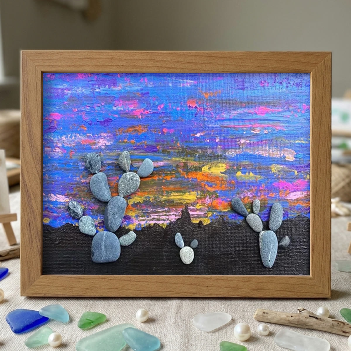 Southwest Desert Sunset Cactus Pebble Framed Art - Walnut Brown - 6" X 8" - image 7