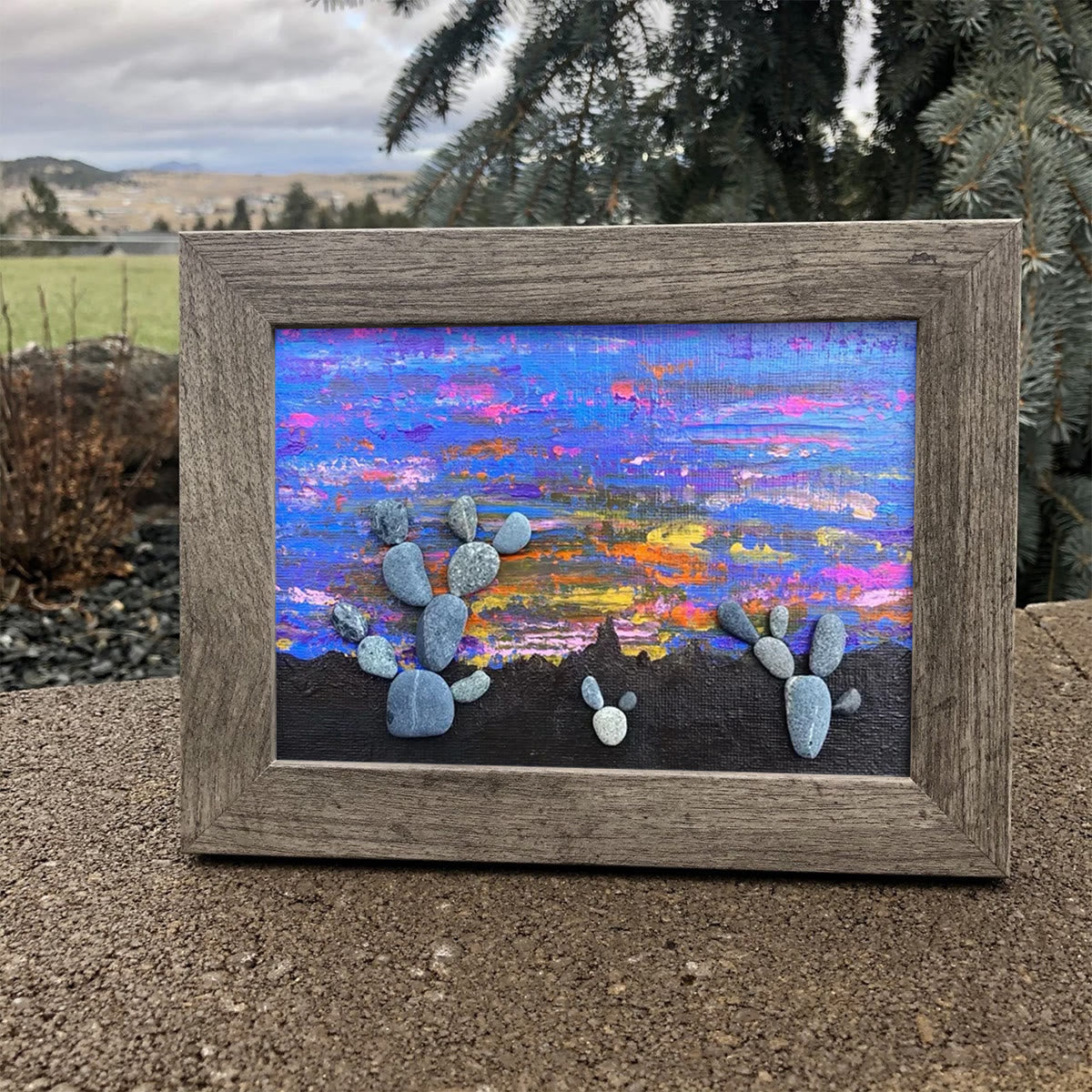 Southwest Desert Sunset Cactus Pebble Framed Art - image 0