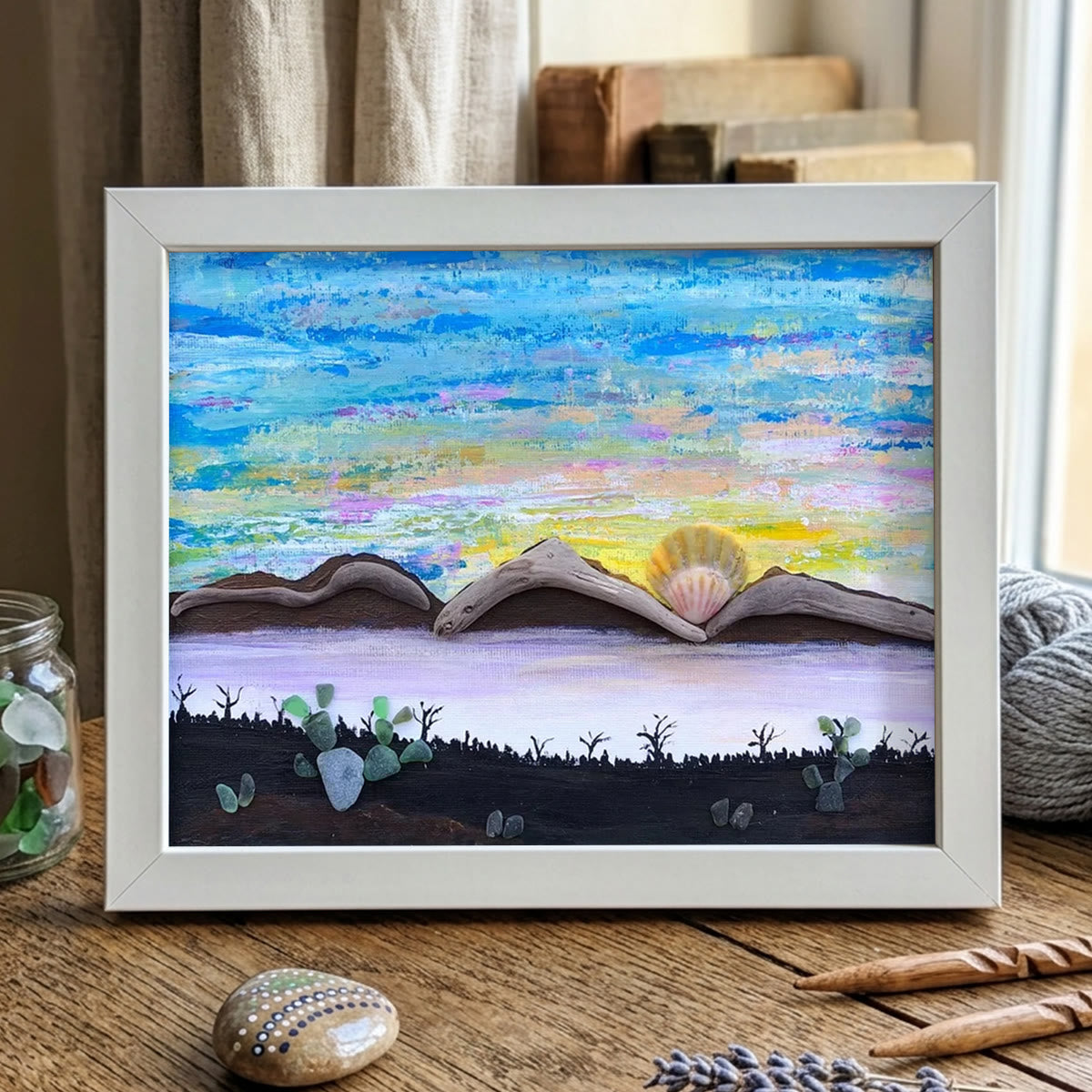 Mountain Scene Desert Fusion Pebble Sea Glass Framed Art - White - 6" X 8" - image 9