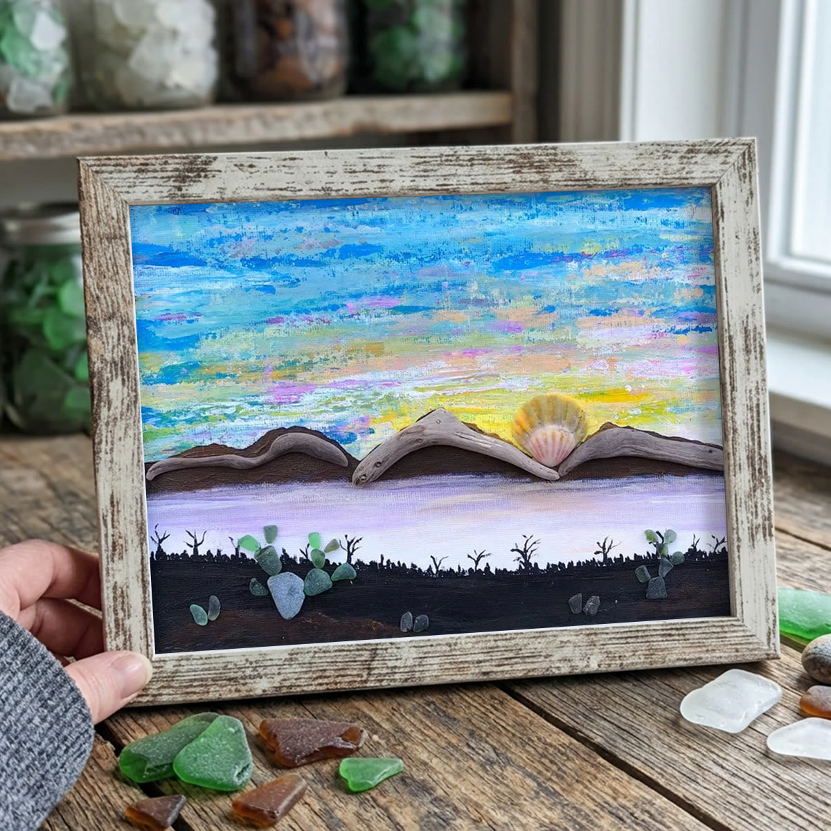 Mountain Scene Desert Fusion Pebble Sea Glass Framed Art - Retro White - 6" X 8" - image 10