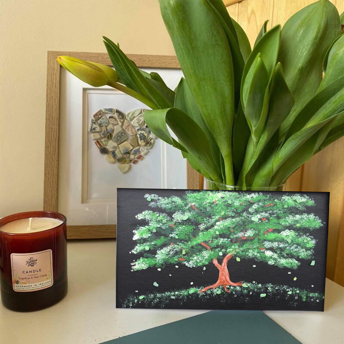 Tree Of Life Falling Leaves Artisan Sea Glass Framed Art - Seaglass Card - 6" X 8" - image 1
