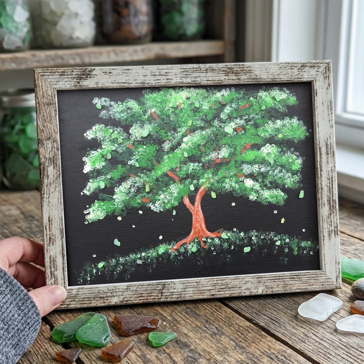 Tree Of Life Falling Leaves Artisan Sea Glass Framed Art - Retro White - 6" X 8" - image 10