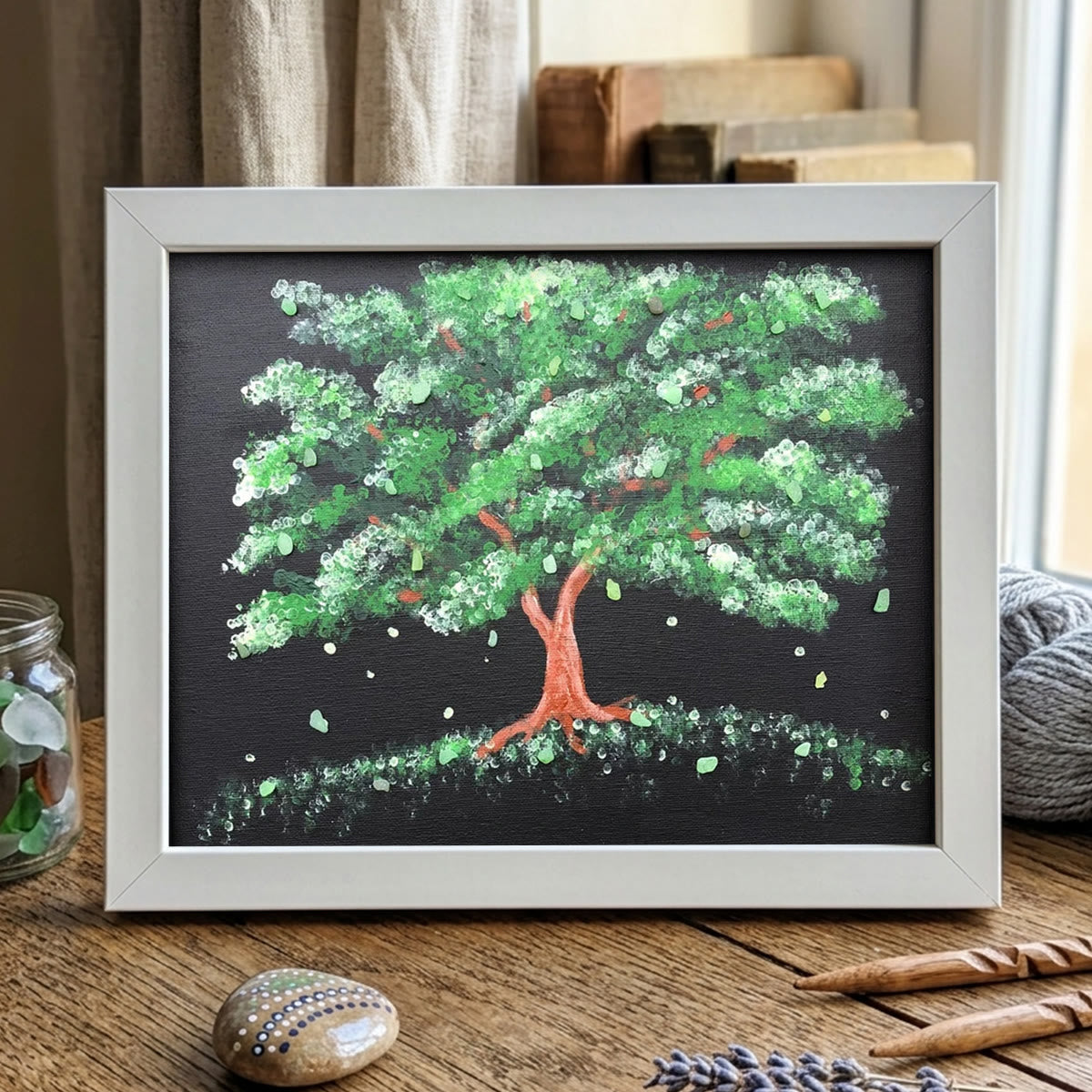 Tree Of Life Falling Leaves Artisan Sea Glass Framed Art - White - 6" X 8" - image 9