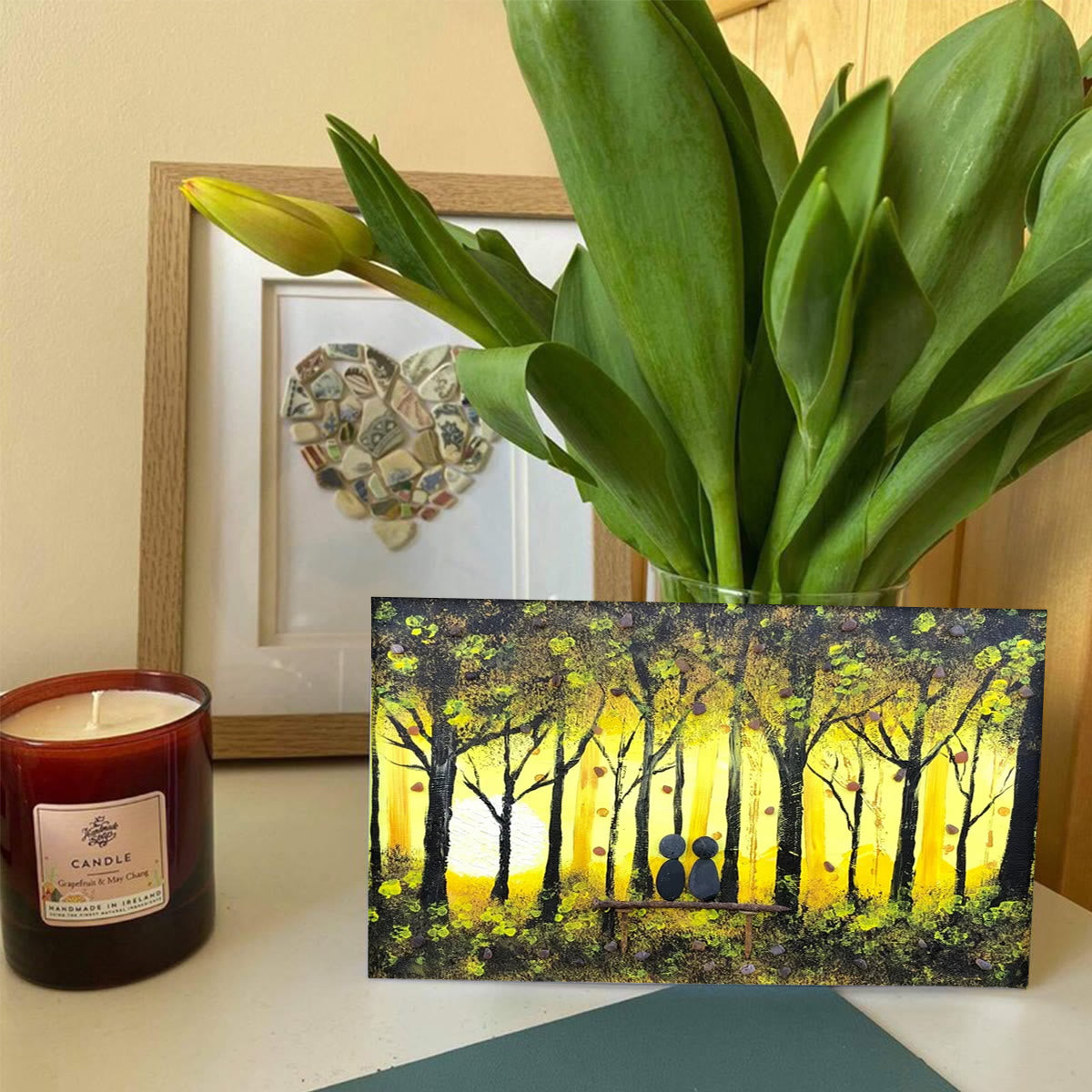Golden Forest Sunset With Lovers On Bench Sea Glass Framed Art - Seaglass Card - 6" X 8" - image 1