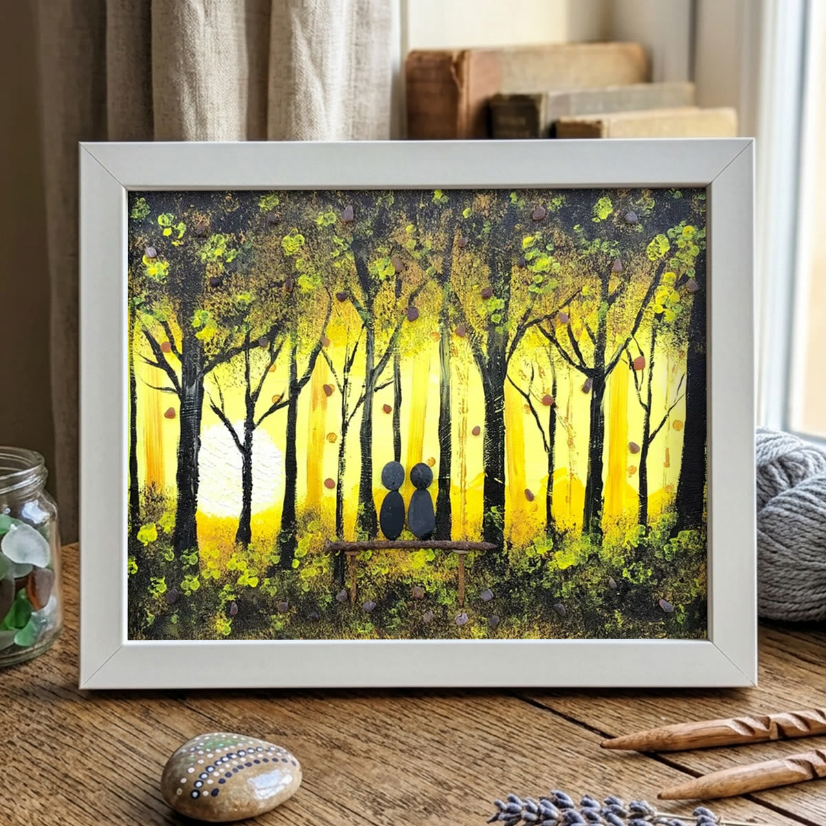 Golden Forest Sunset With Lovers On Bench Sea Glass Framed Art - White - 6" X 8" - image 9