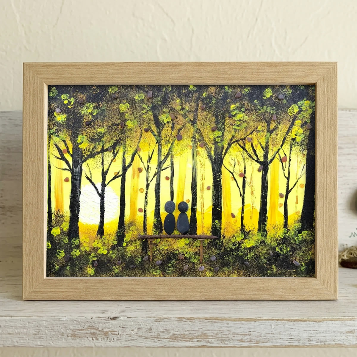 Golden Forest Sunset With Lovers On Bench Sea Glass Framed Art - Oak - 6" X 8" - image 6