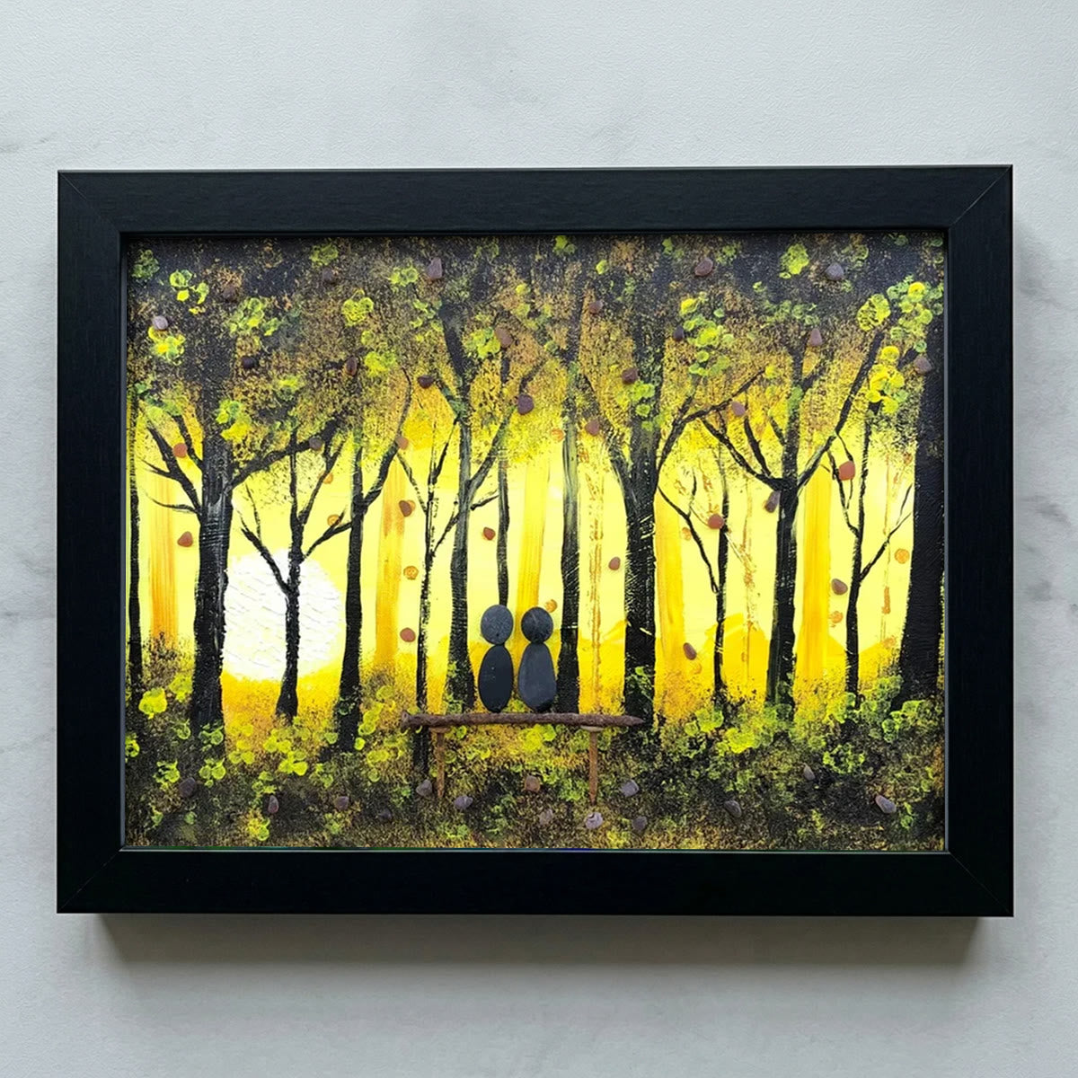 Golden Forest Sunset With Lovers On Bench Sea Glass Framed Art - Black - 6" X 8" - image 8