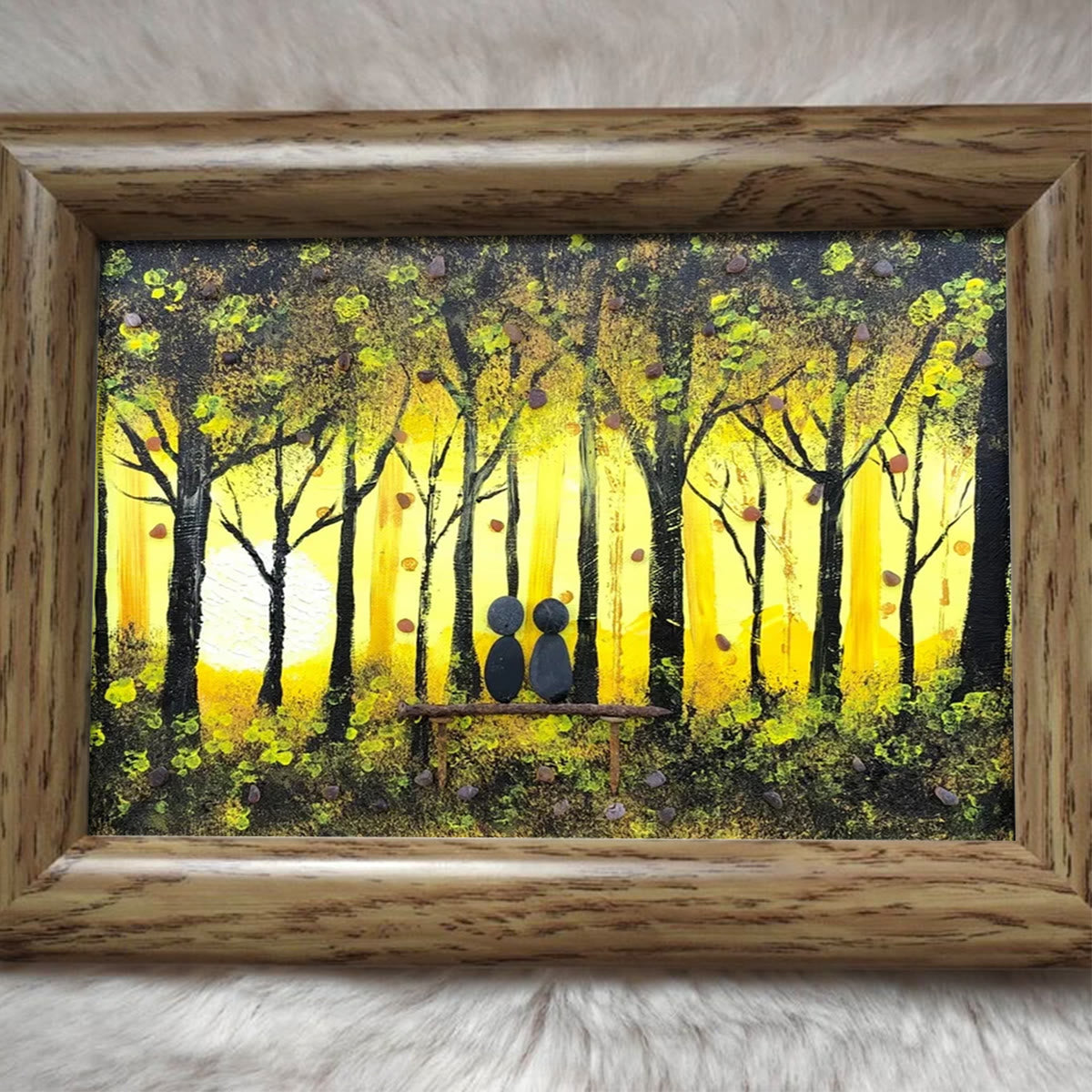 Golden Forest Sunset With Lovers On Bench Sea Glass Framed Art - image 4