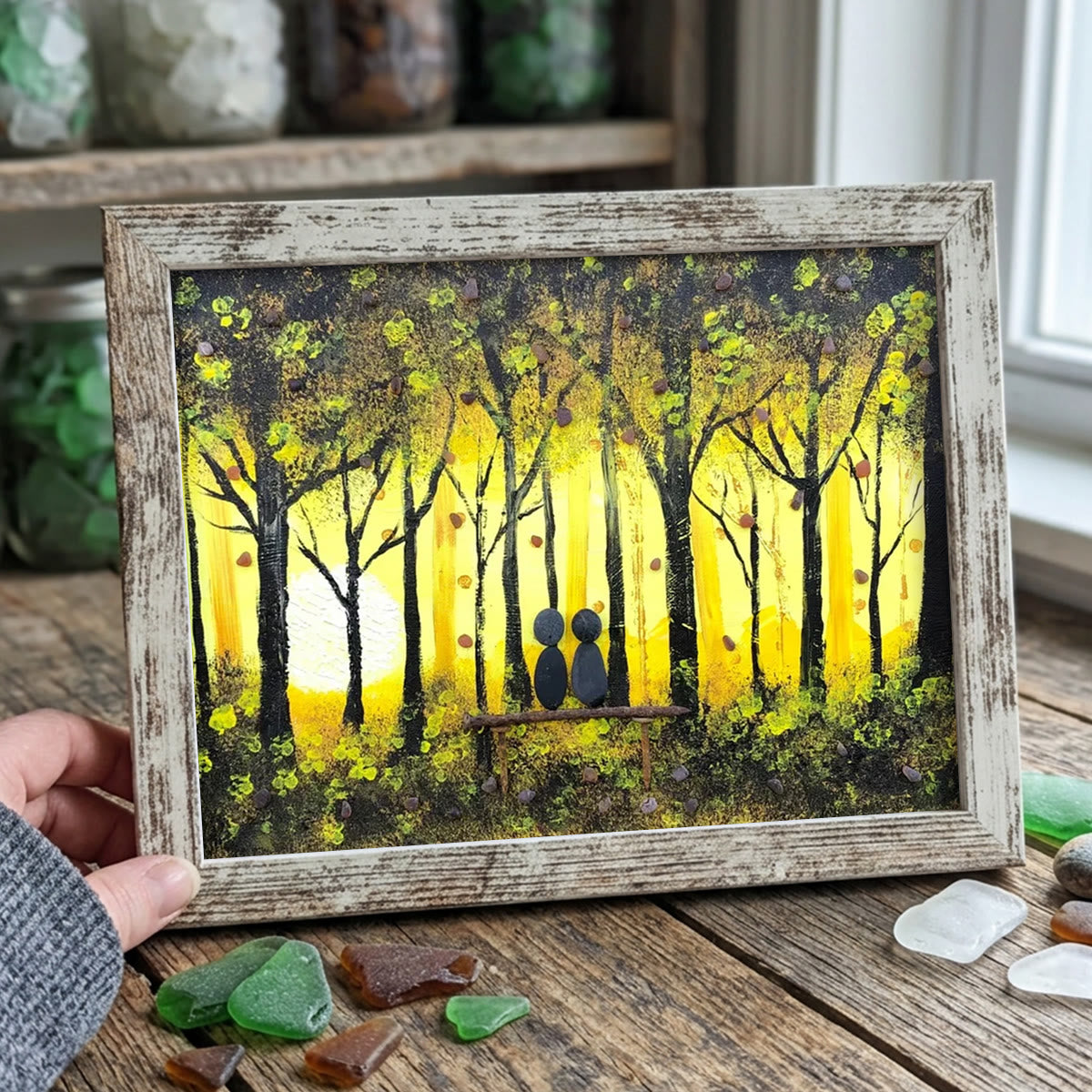 Golden Forest Sunset With Lovers On Bench Sea Glass Framed Art - Retro White - 6" X 8" - image 10