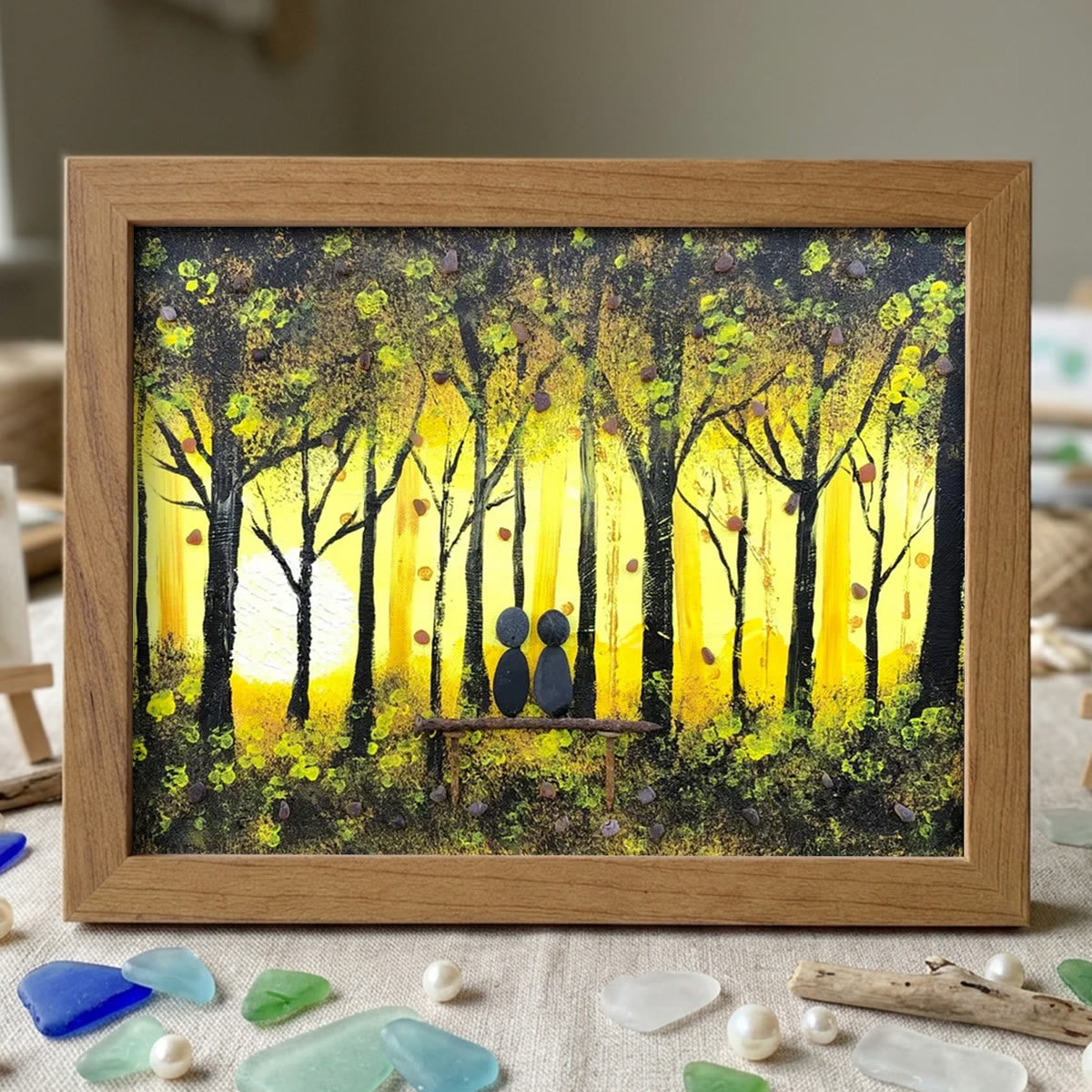 Golden Forest Sunset With Lovers On Bench Sea Glass Framed Art - Walnut Brown - 6" X 8" - image 7