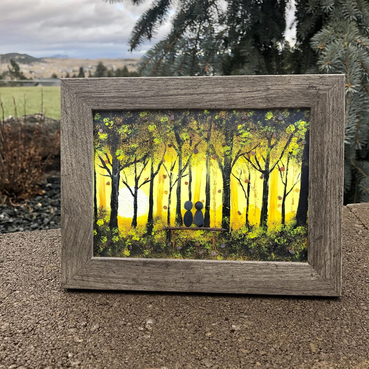 Golden Forest Sunset With Lovers On Bench Sea Glass Framed Art - image 2