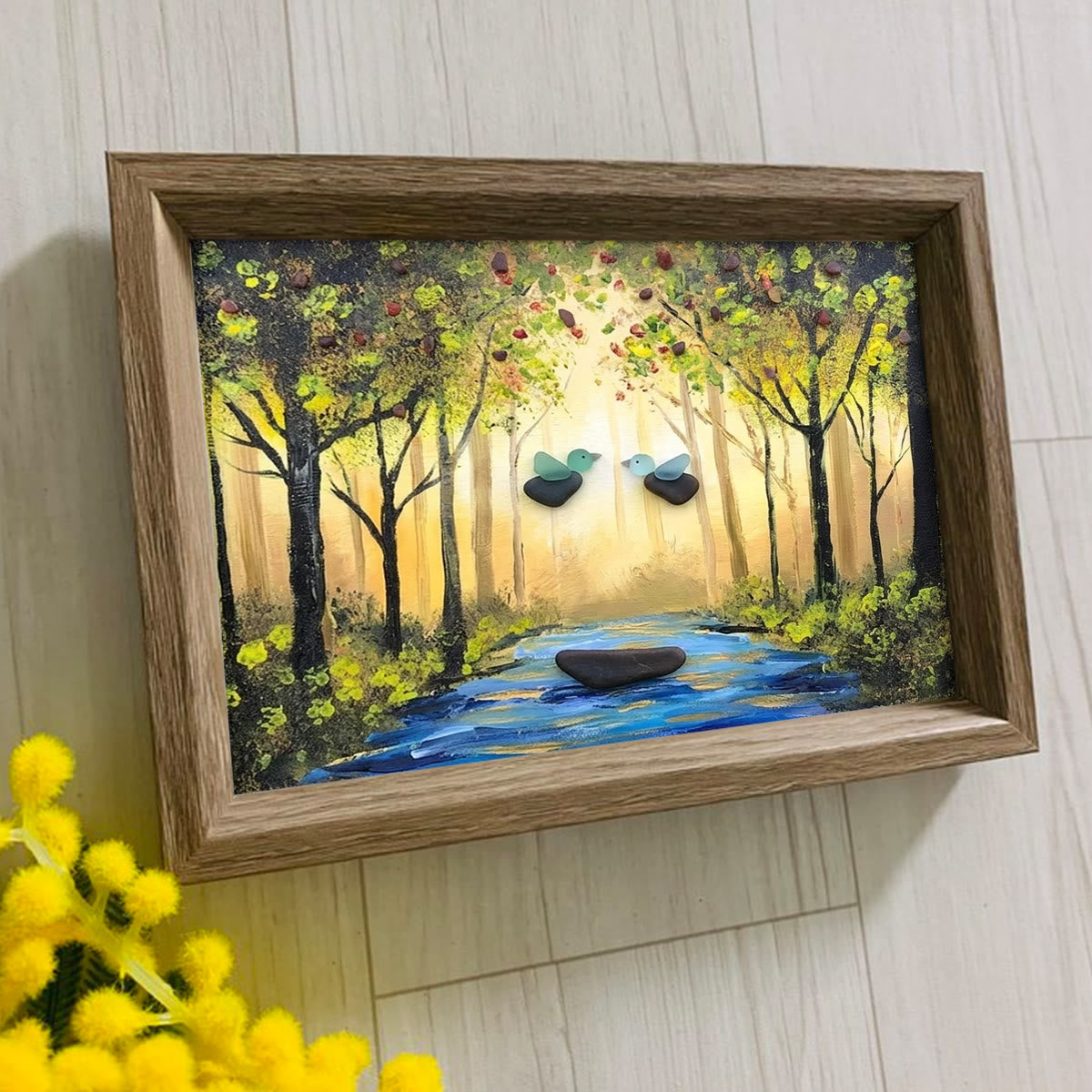 Forest River Scene Birds & Leaves Sea Glass Framed Art - image 3