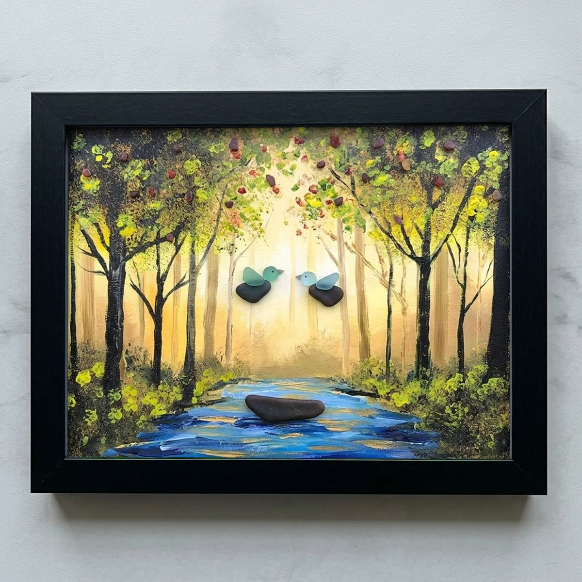 Forest River Scene Birds & Leaves Sea Glass Framed Art - Black - 6" X 8" - image 8