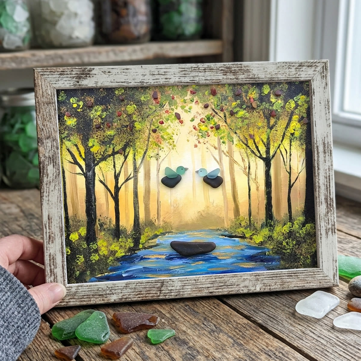 Forest River Scene Birds & Leaves Sea Glass Framed Art - Retro White - 6" X 8" - image 10