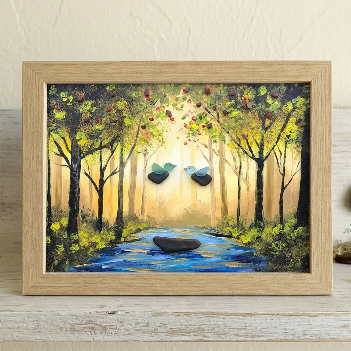 Forest River Scene Birds & Leaves Sea Glass Framed Art - Oak - 6" X 8" - image 6