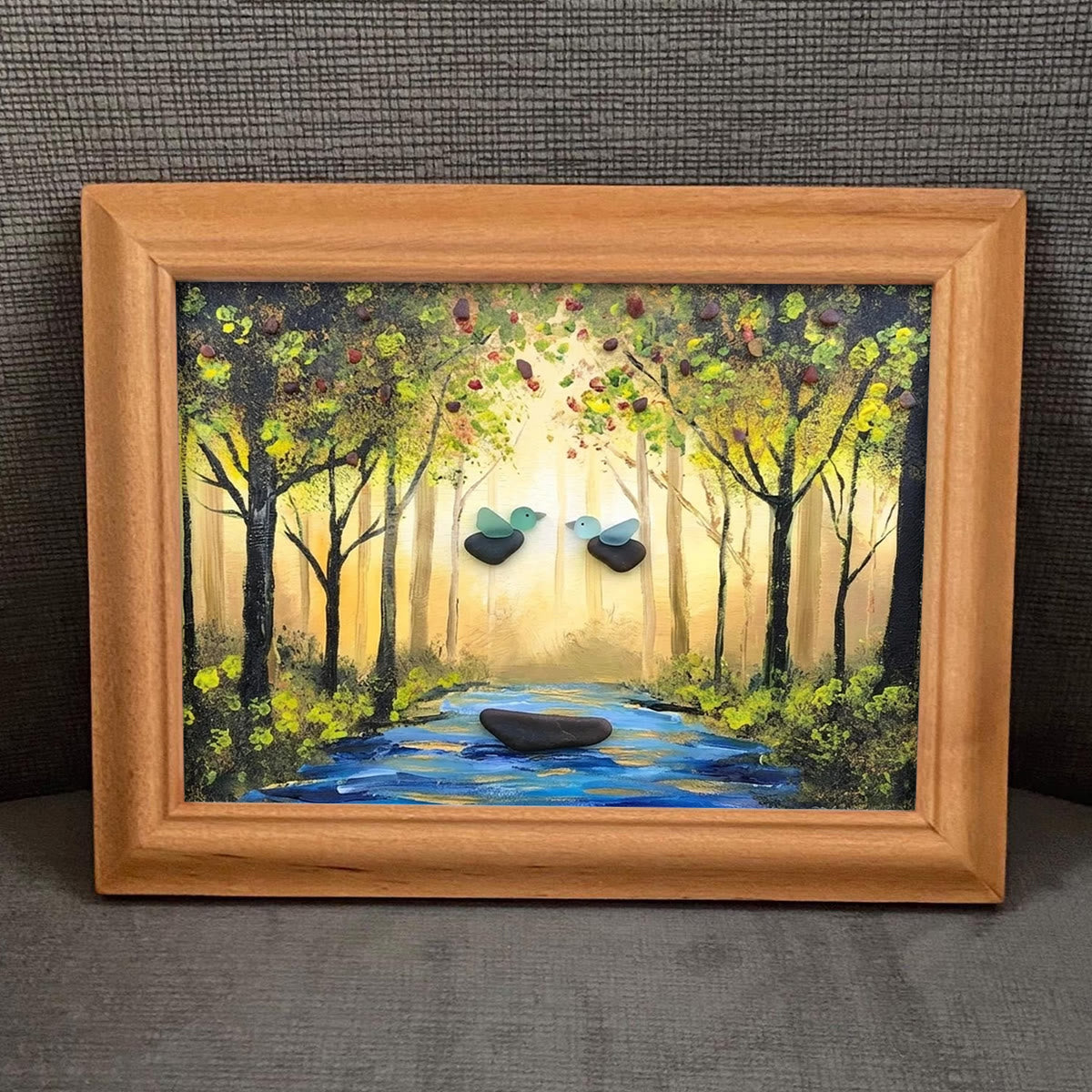 Forest River Scene Birds & Leaves Sea Glass Framed Art - image 0