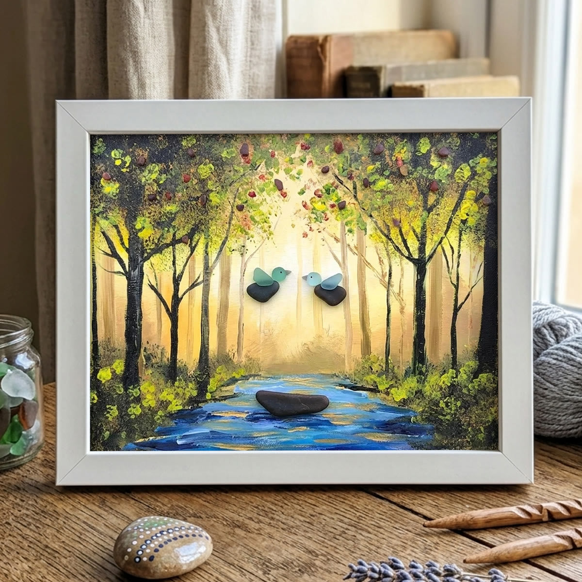 Forest River Scene Birds & Leaves Sea Glass Framed Art - White - 6" X 8" - image 9