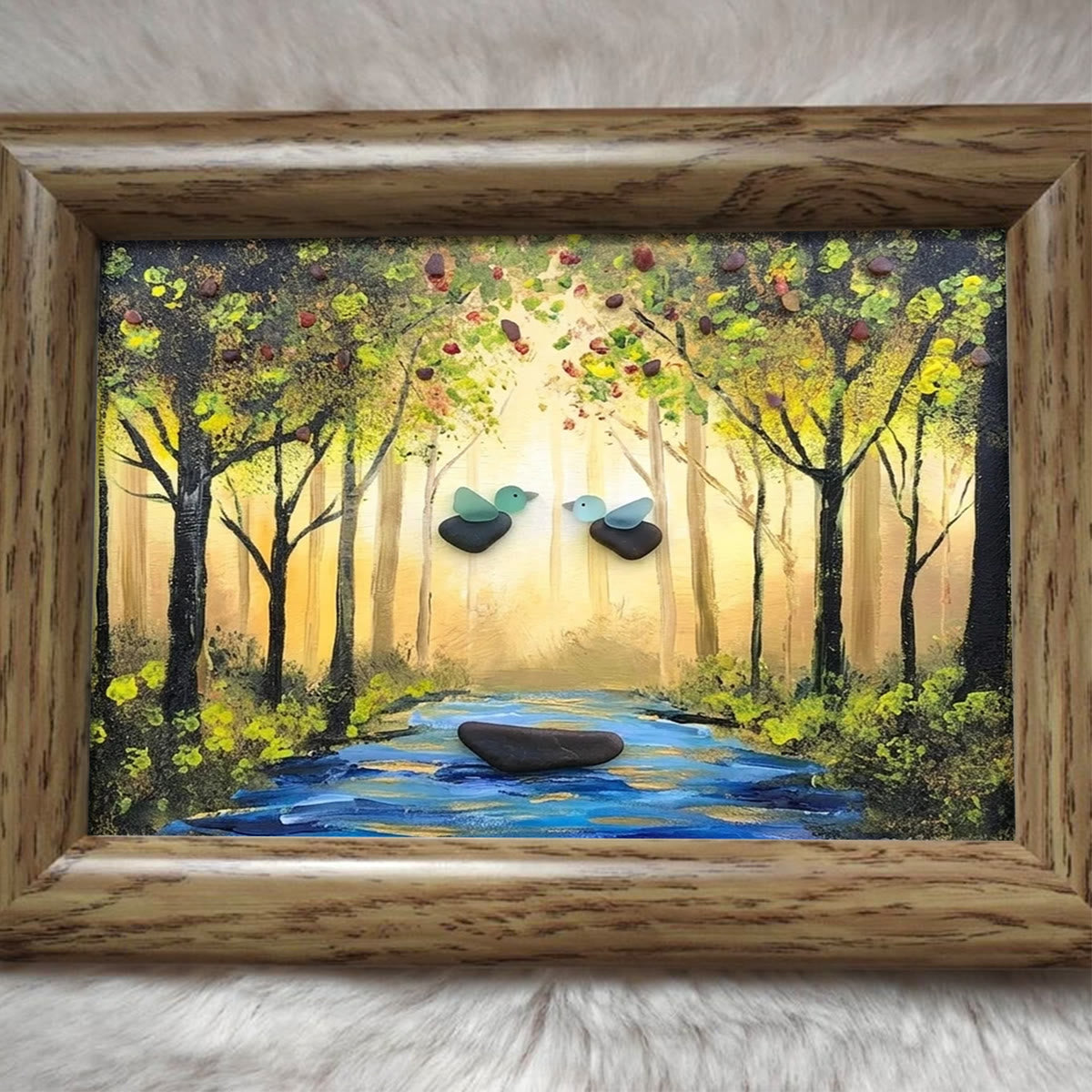 Forest River Scene Birds & Leaves Sea Glass Framed Art - image 4