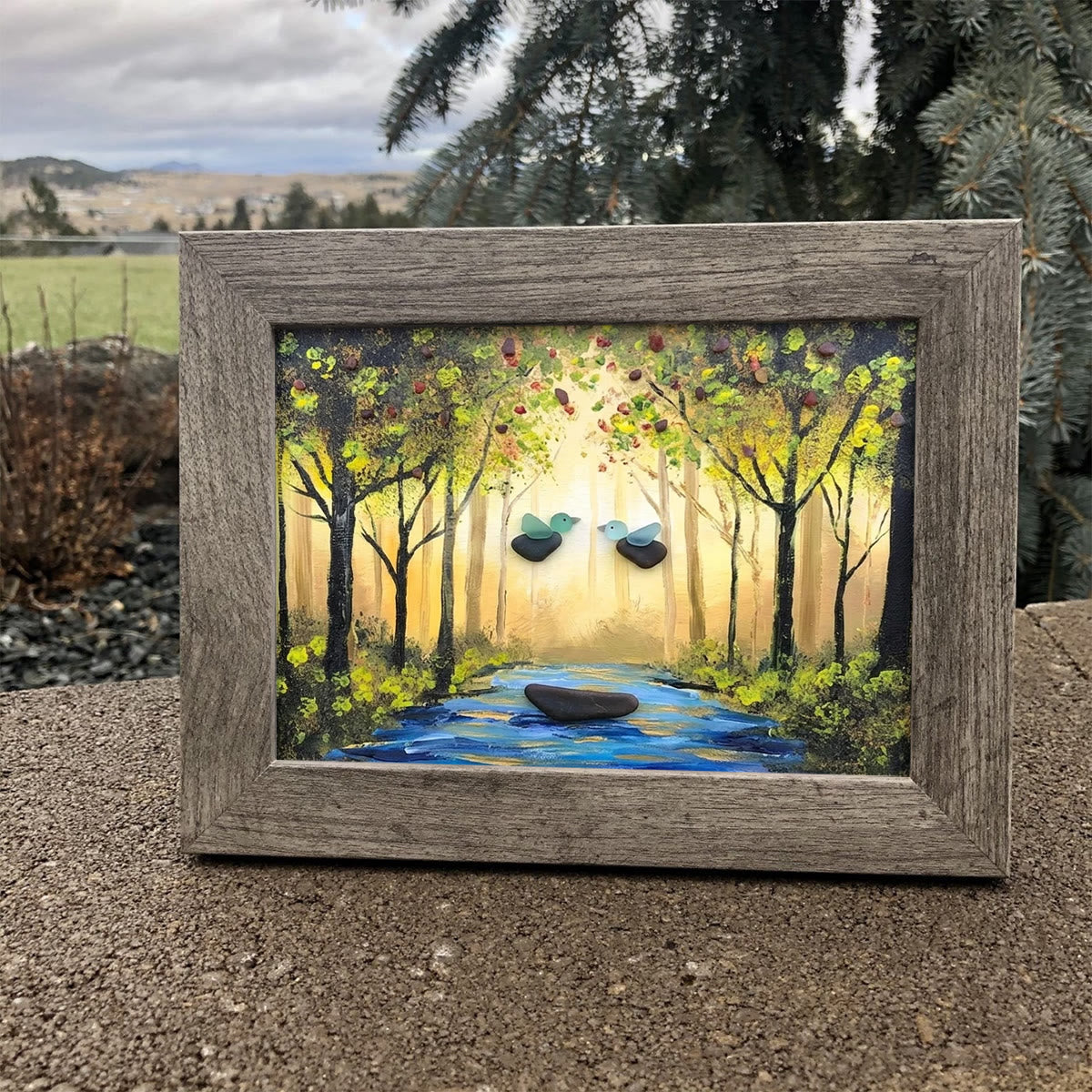 Forest River Scene Birds & Leaves Sea Glass Framed Art - image 2