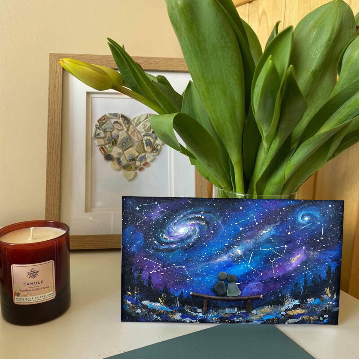 Romantic Galaxy Night Sky Sea Glass Framed Art - Seaglass Card - 6" X 8" - image 1