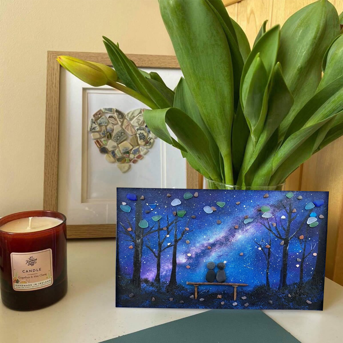 Milky Way & Starry Night Couple Sea Glass Framed Art - Seaglass Card - 6" X 8" - image 1