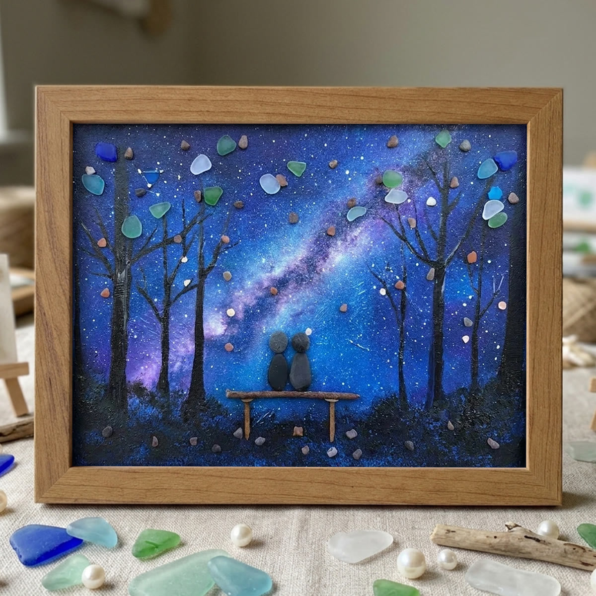 Milky Way & Starry Night Couple Sea Glass Framed Art - Walnut Brown - 6" X 8" - image 7
