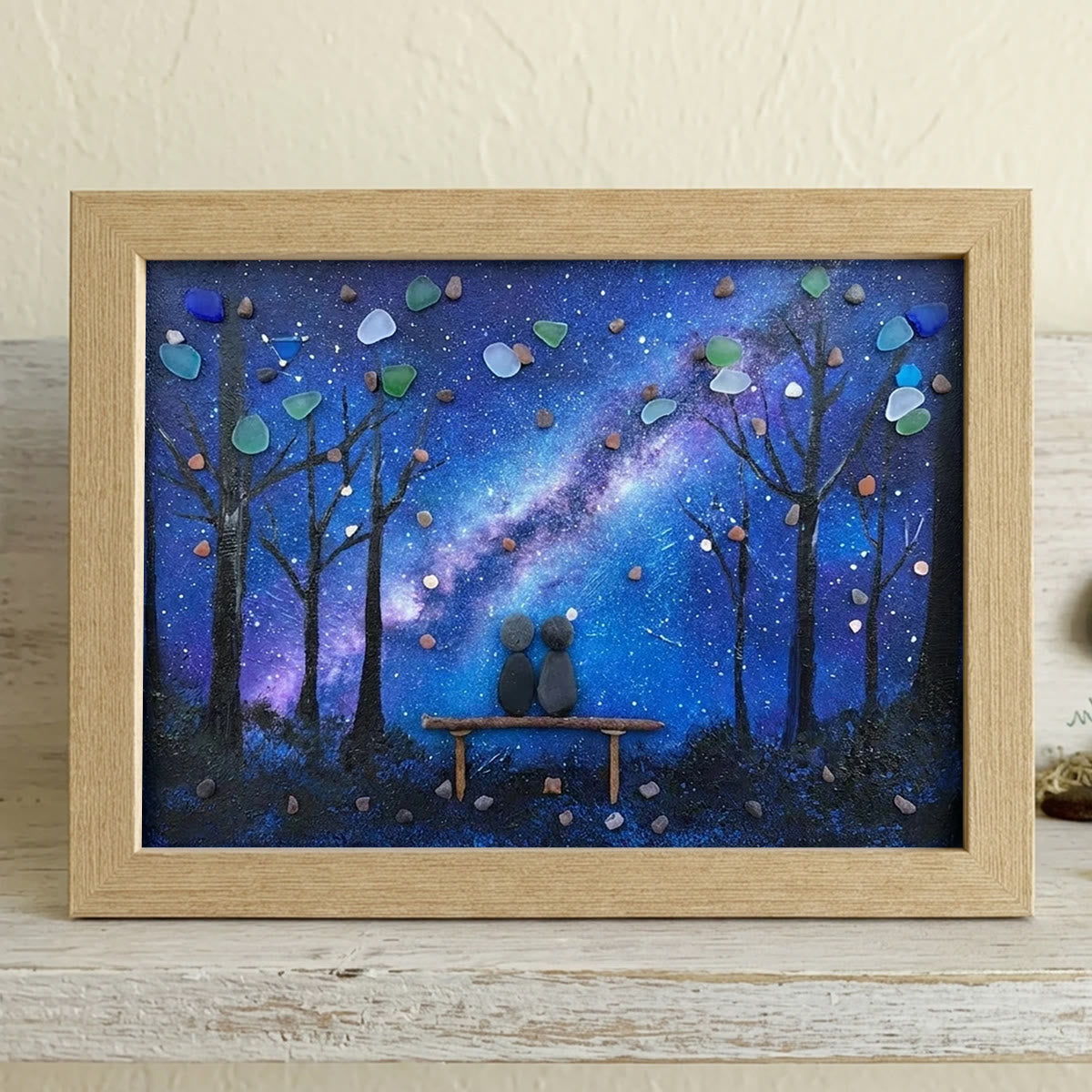 Milky Way & Starry Night Couple Sea Glass Framed Art - Oak - 6" X 8" - image 6