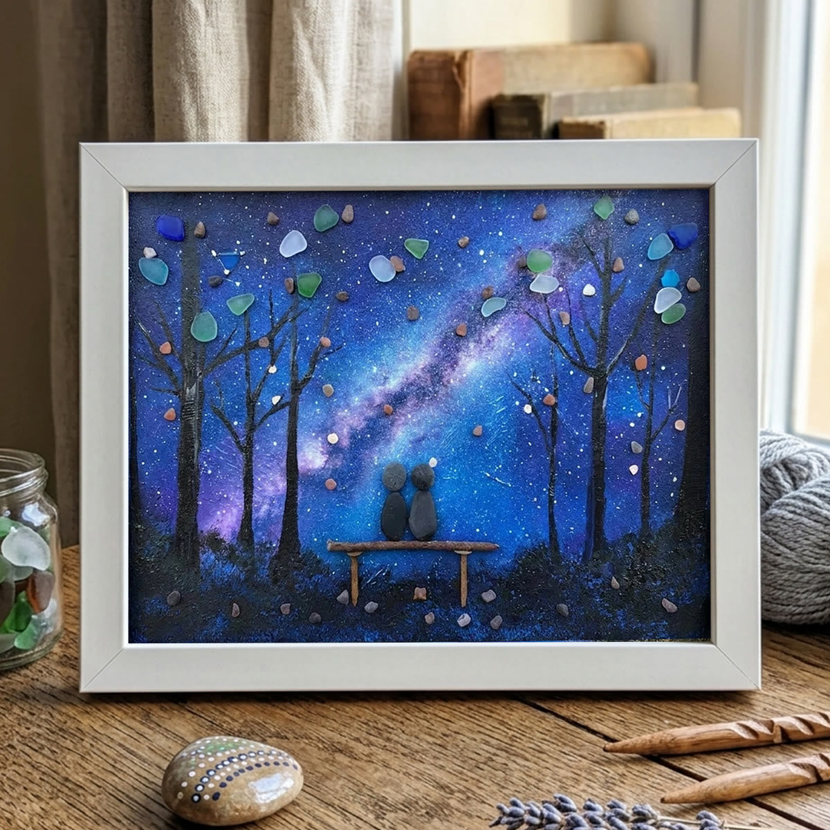 Milky Way & Starry Night Couple Sea Glass Framed Art - White - 6" X 8" - image 9