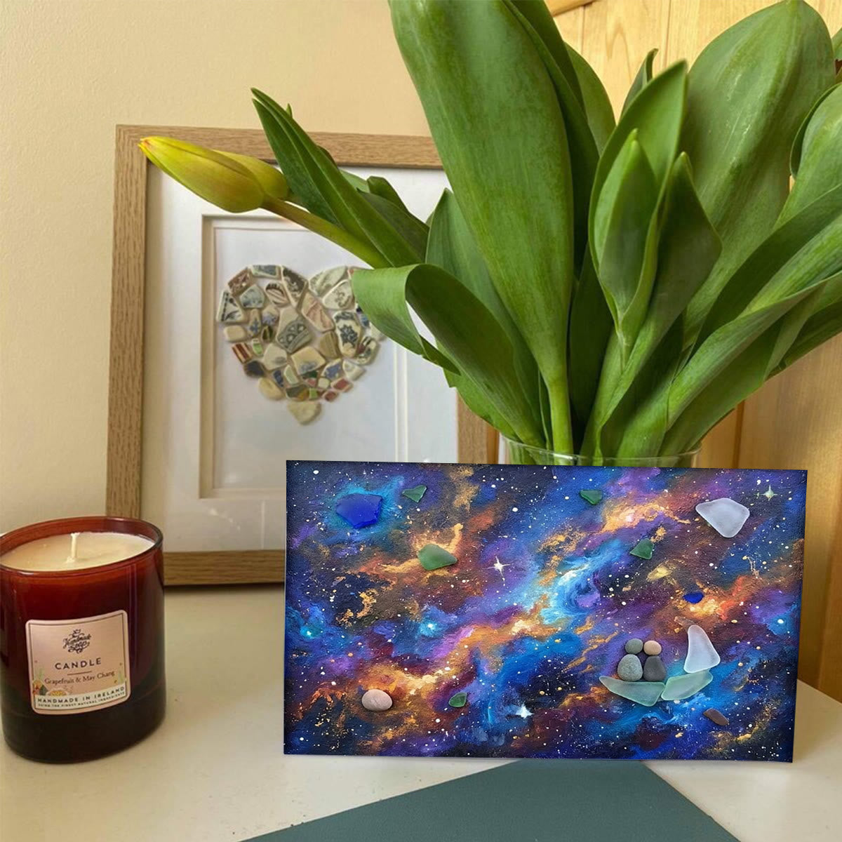 Sailboat Galaxy Stargazing Couple Sea Glass Framed Art - Seaglass Card - 6" X 8" - image 1