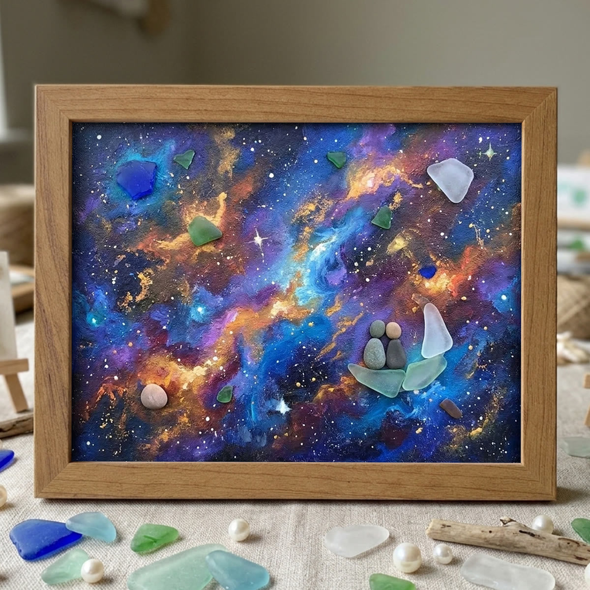 Sailboat Galaxy Stargazing Couple Sea Glass Framed Art - Walnut Brown - 6" X 8" - image 7