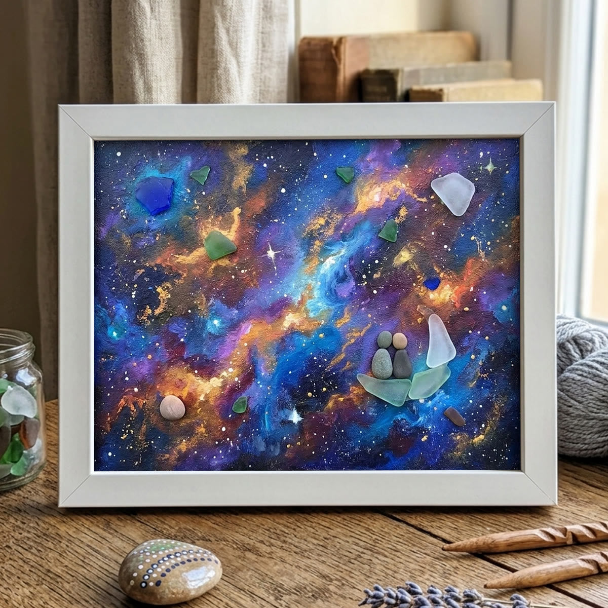 Sailboat Galaxy Stargazing Couple Sea Glass Framed Art - White - 6" X 8" - image 9