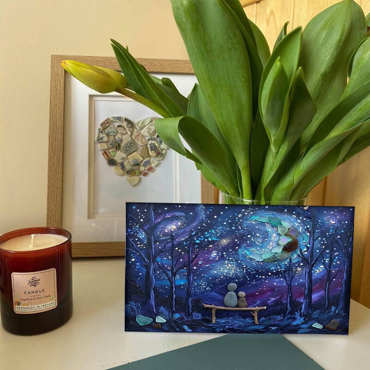 To The Moon And Back Night Sky Sea Glass Framed Art - Seaglass Card - 6" X 8" - image 1
