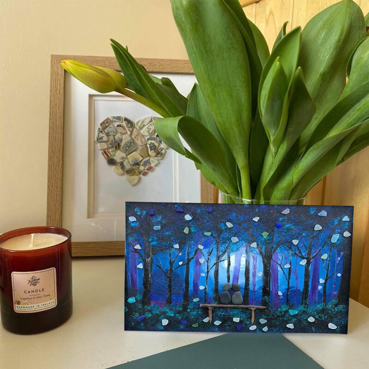 Enchanted Blue Night Lovers Sea Glass Framed Art - Seaglass Card - 6" X 8" - image 1