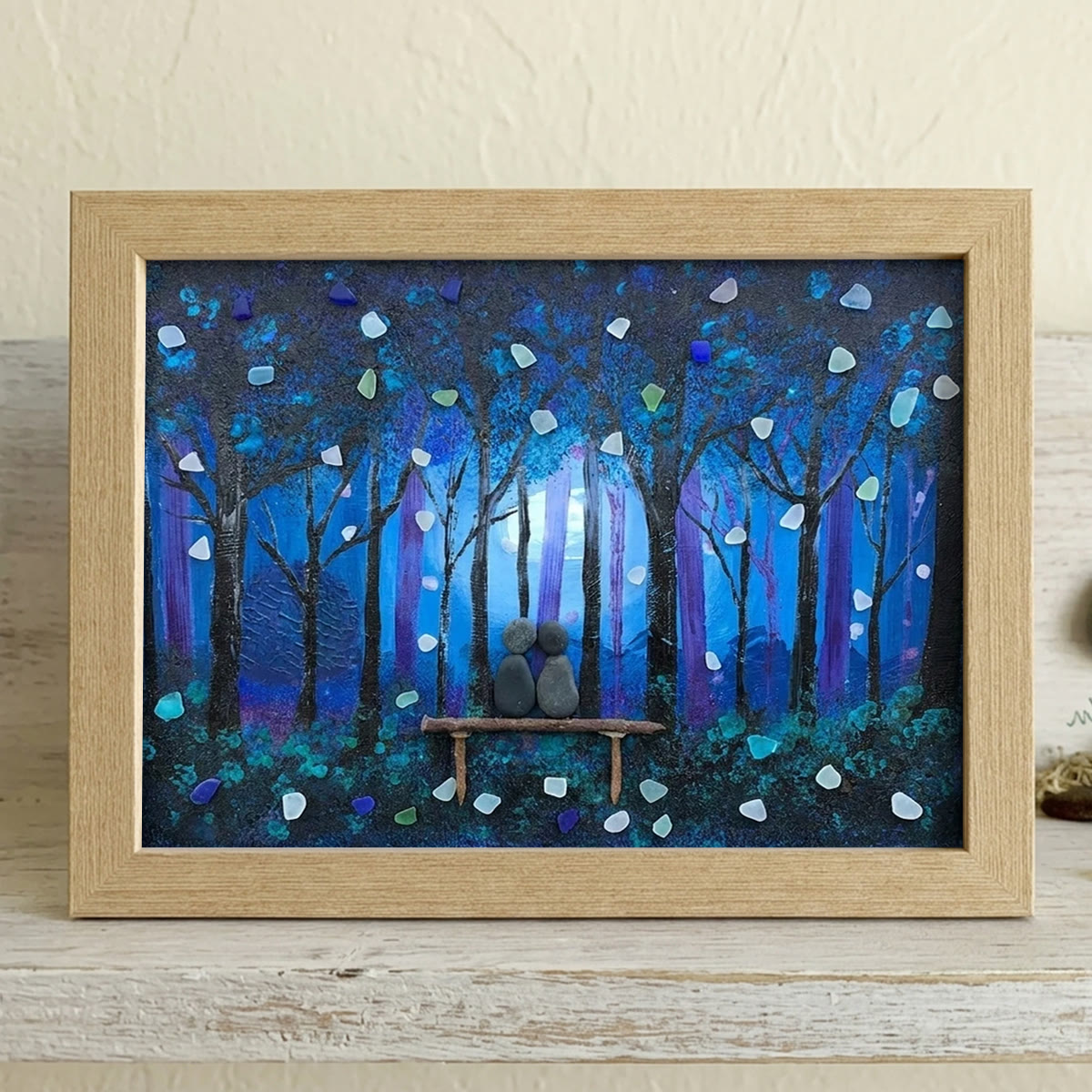 Enchanted Blue Night Lovers Sea Glass Framed Art - Oak - 6" X 8" - image 6