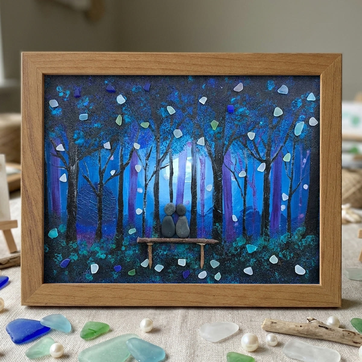 Enchanted Blue Night Lovers Sea Glass Framed Art - Walnut Brown - 6" X 8" - image 7