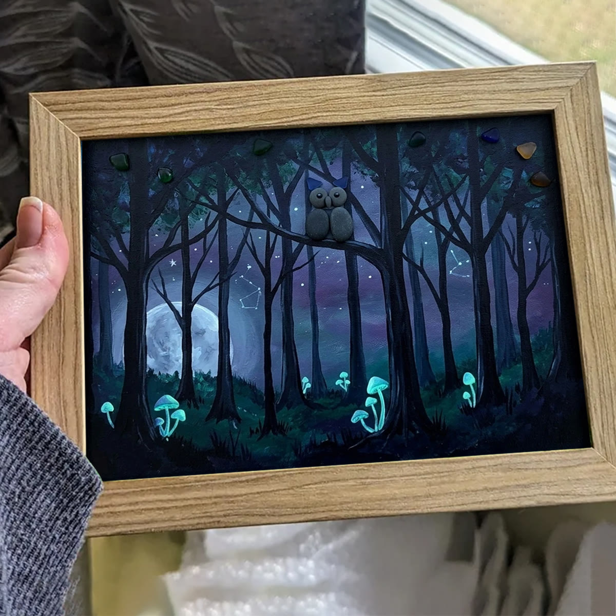 Moonlight Forest Scene Owl Sea Glass Framed Art - image 2