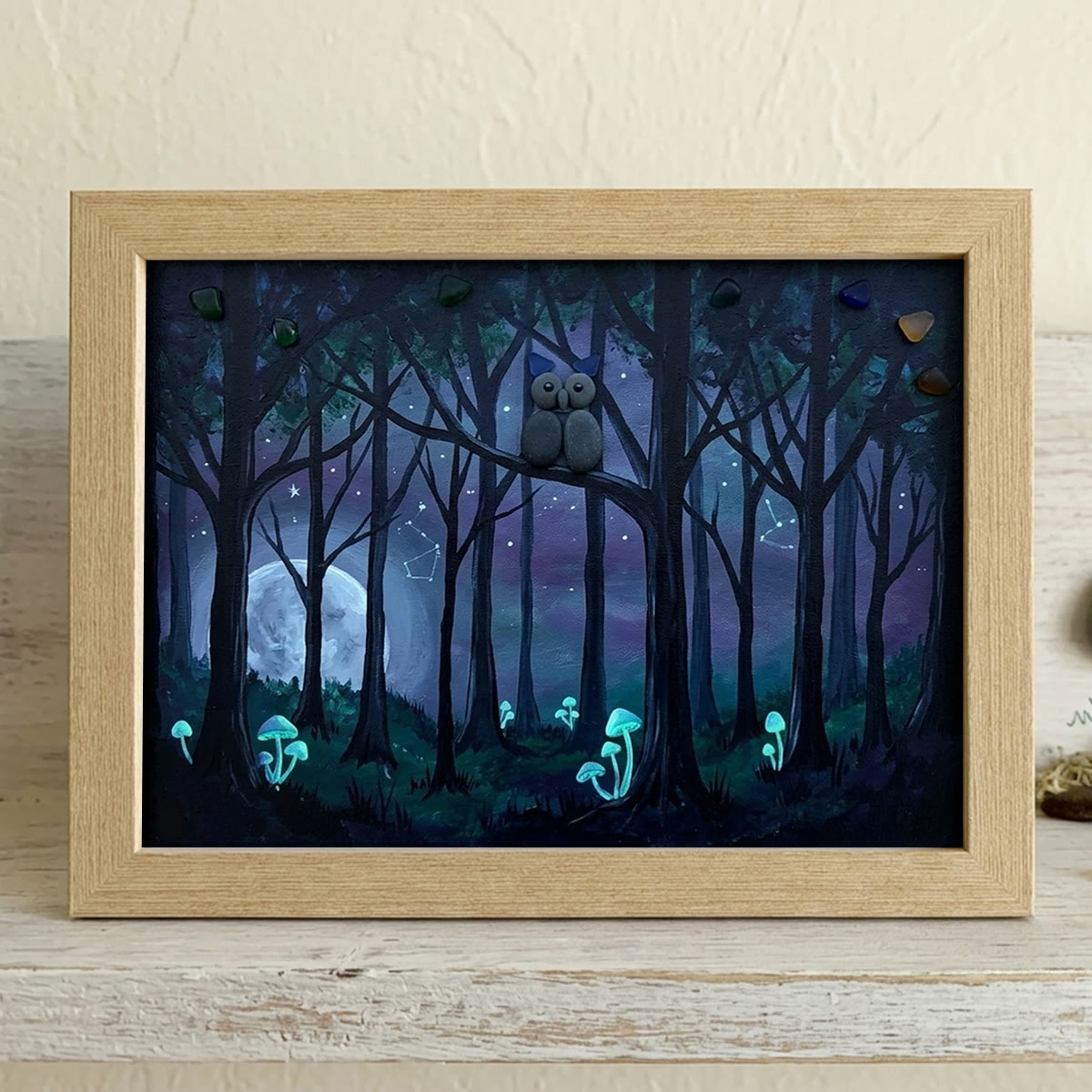 Moonlight Forest Scene Owl Sea Glass Framed Art - Oak - 6" X 8" - image 6