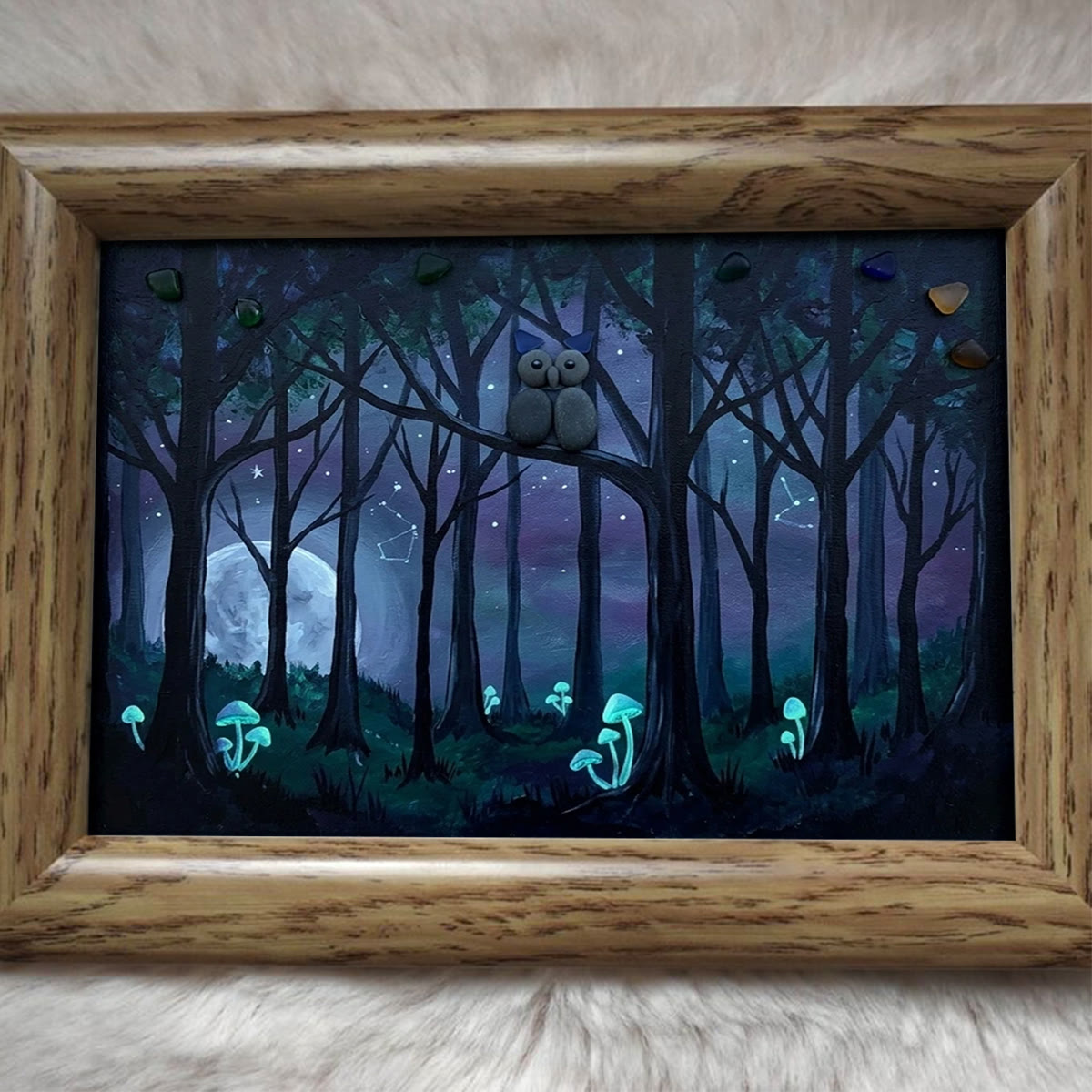 Moonlight Forest Scene Owl Sea Glass Framed Art - image 0