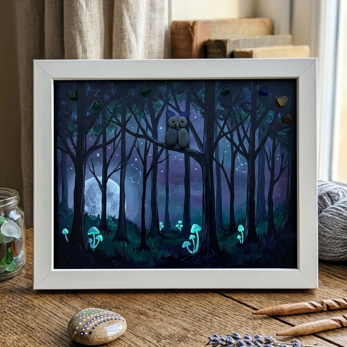 Moonlight Forest Scene Owl Sea Glass Framed Art - White - 6" X 8" - image 9