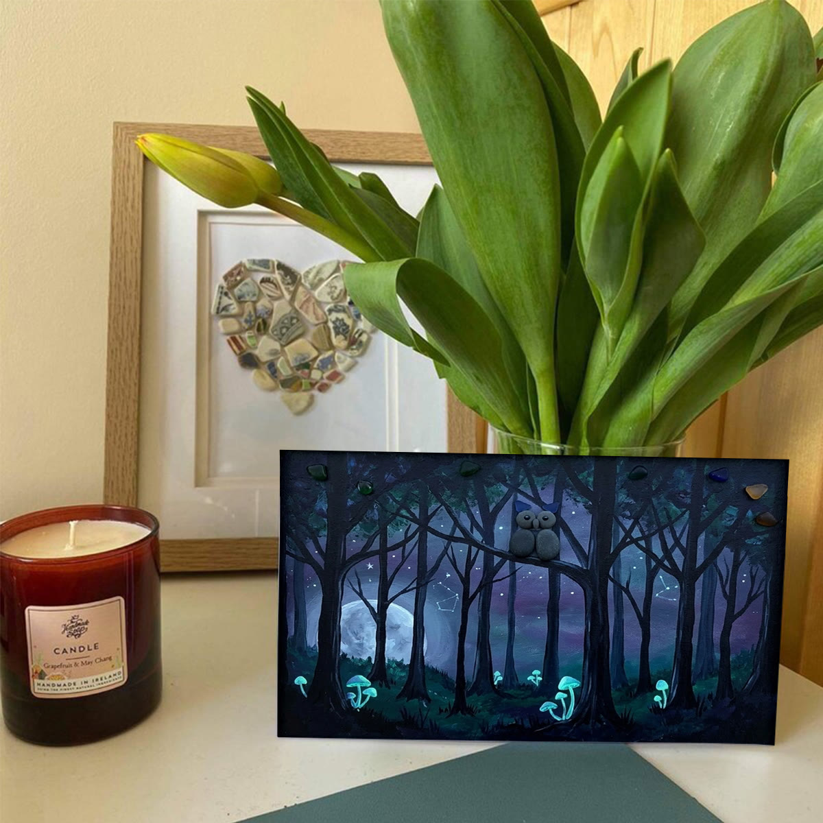 Moonlight Forest Scene Owl Sea Glass Framed Art - Seaglass Card - 6" X 8" - image 1