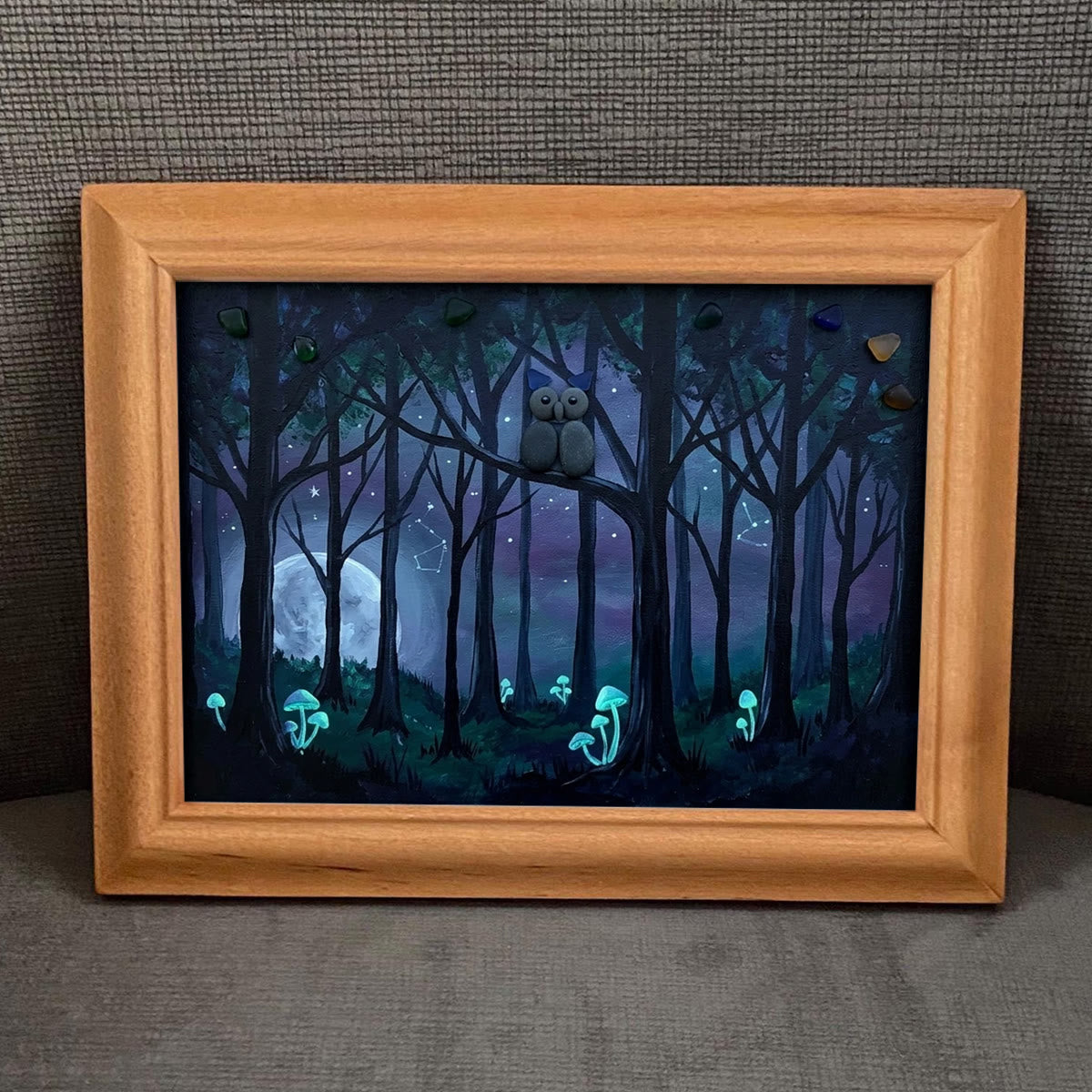 Moonlight Forest Scene Owl Sea Glass Framed Art - image 5