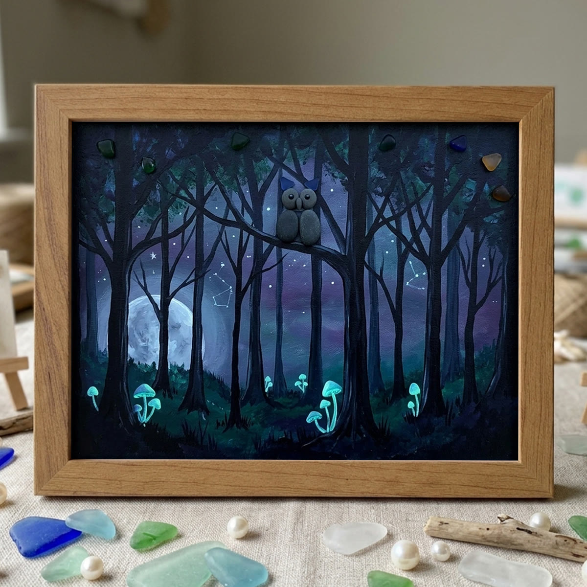 Moonlight Forest Scene Owl Sea Glass Framed Art - Walnut Brown - 6" X 8" - image 7