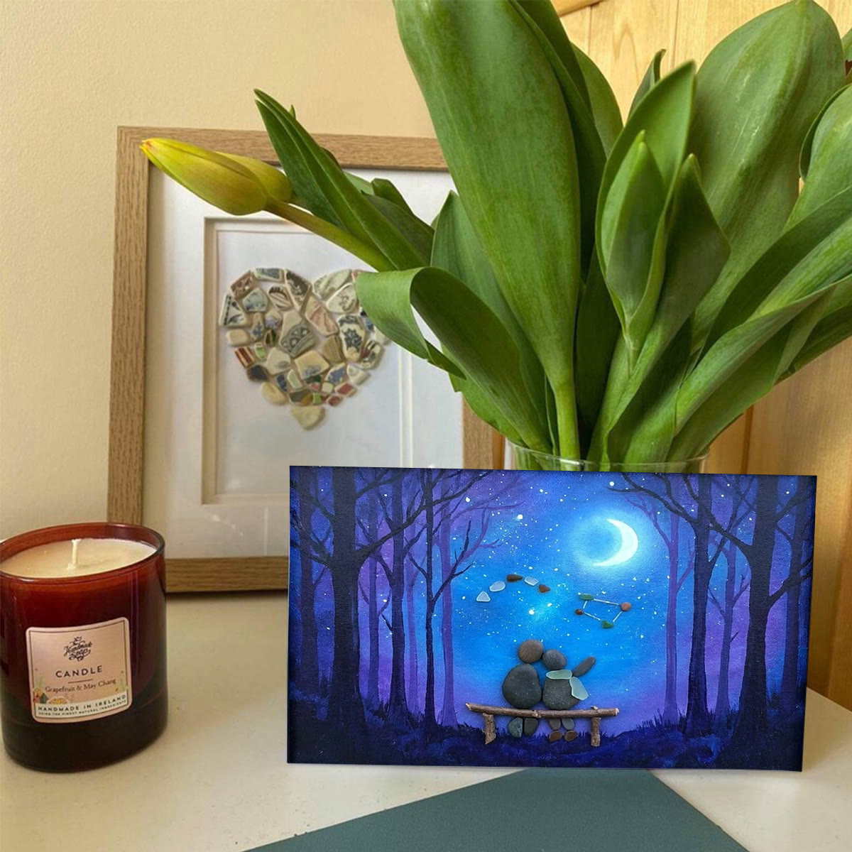 Soulmate Couple Stargazing Sea Glass Framed Art - Seaglass Card - 6" X 8" - image 1