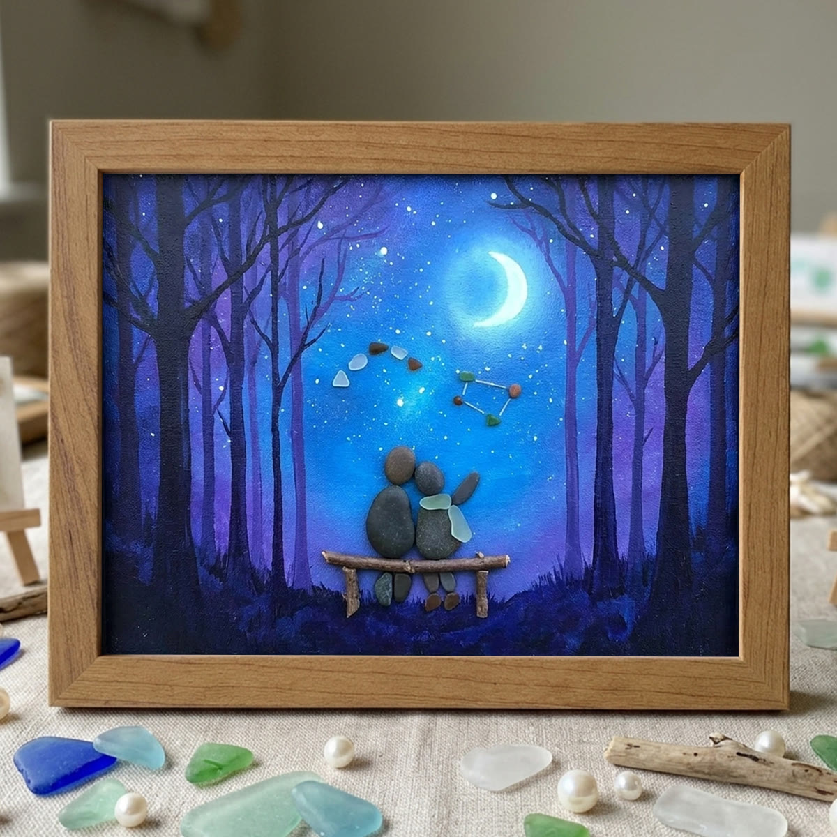 Soulmate Couple Stargazing Sea Glass Framed Art - Walnut Brown - 6" X 8" - image 7